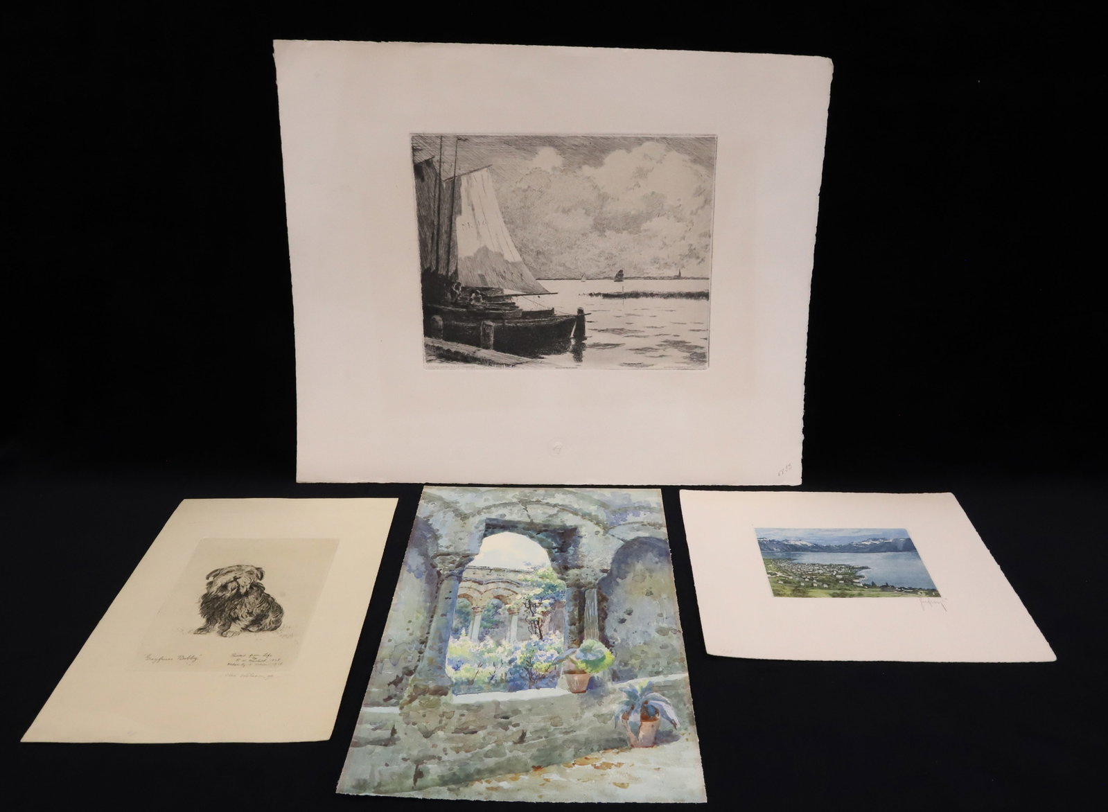 (4) ENGRAVINGS,WATERCOLOR: WATERCOLOR OF ROMAN AQUEDUCT, ENGRAVING GREYFRIARS BOBBY SIGNED ALEX WILSON 1918, FRENCH ALPS SIGNED IN PENCIL, ORIGINAL EAU-FORTE BY GRANDGERARD ENGRAVING WITH WATERMARK, WATERCOLOR 13 1/2" X 8