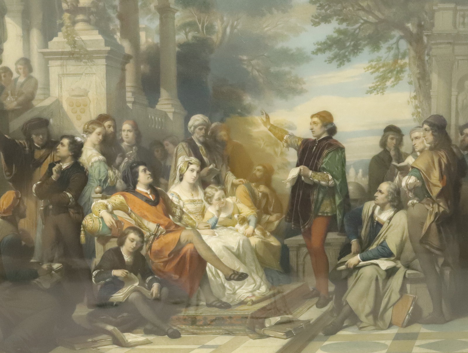 THE COURT OF LAURENT OF MEDICIA BY ALLAIS: HAND COLORED BY N. DEKEYSER, PRINTED BY GOUPIE & CAFARIS PARIS 19TH OVERALL 37" X 48" IN CARVED WOODEN FRAME PLEASE READ CAREFULLY - ITEMS MUST BE PAID FOR THROUGH LIVE AUCTIONEERS OR WITH CASH OR CHE