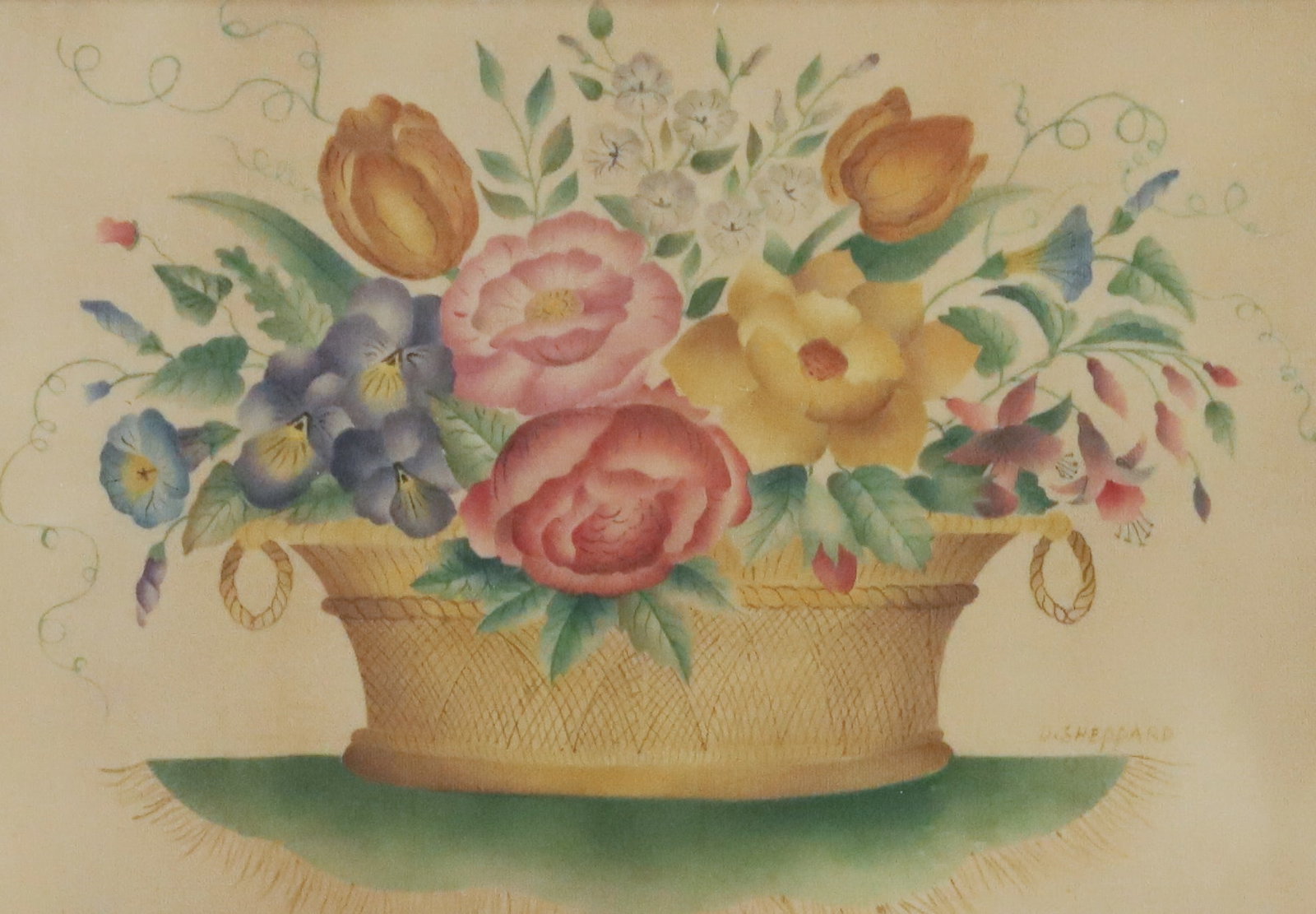 D. SHEPPARD PAINTED THEOREM: PAINTED ON VELVET. VARIETY OF FLOWERS IN BASKET. MATTED AND FRAMED UNDER GLASS. 15" X 18". PLEASE READ CAREFULLY - ITEMS MUST BE PAID FOR THROUGH LIVE AUCTIONEERS OR WITH CASH OR CHECK IN PERSON -
