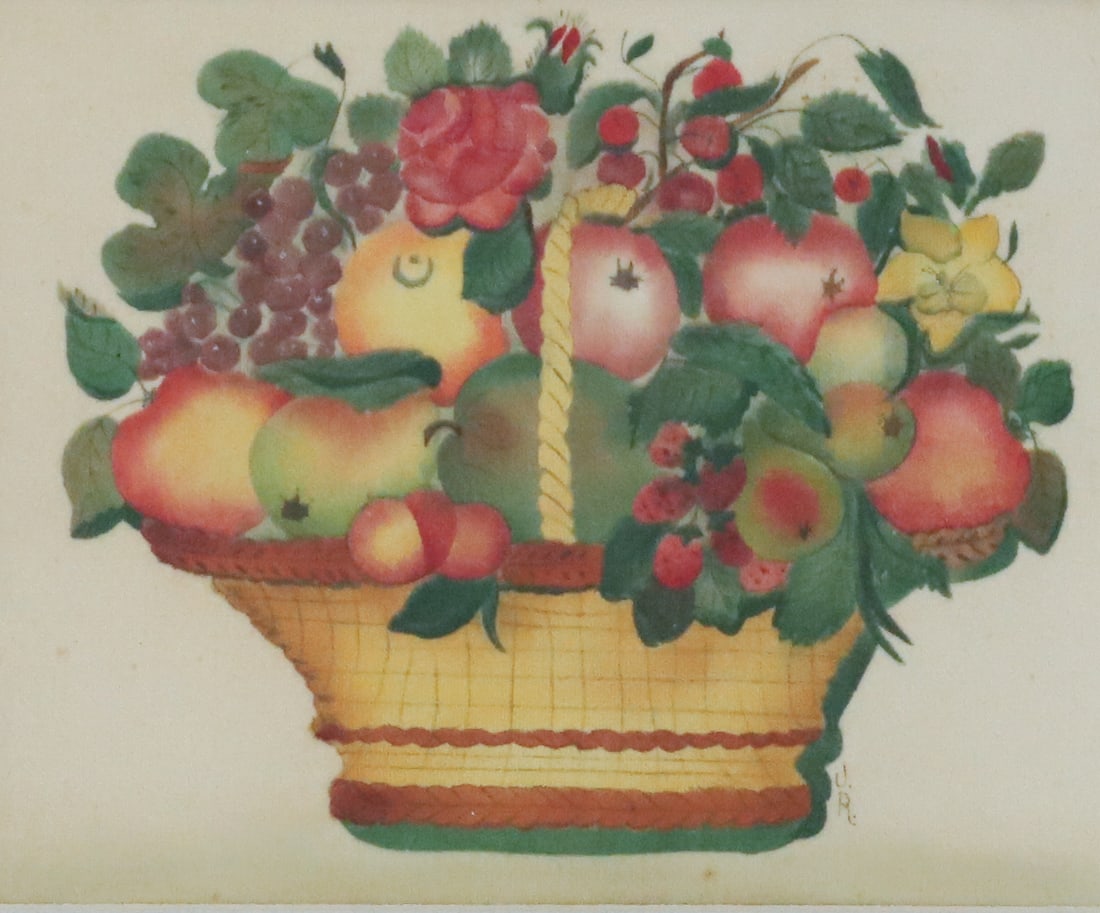 SGND. THEOREM, PAINTED ON VELVET: BASKET WITH FRUIT AND FLOWERS. SGND. J.R. MATTED AND FRAMED UNDER GLASS. 14 1/2" X 17 1/2" TOTAL SIZE. PLEASE READ CAREFULLY - ITEMS MUST BE PAID FOR THROUGH LIVE AUCTIONEERS OR WITH CASH OR CHECK IN