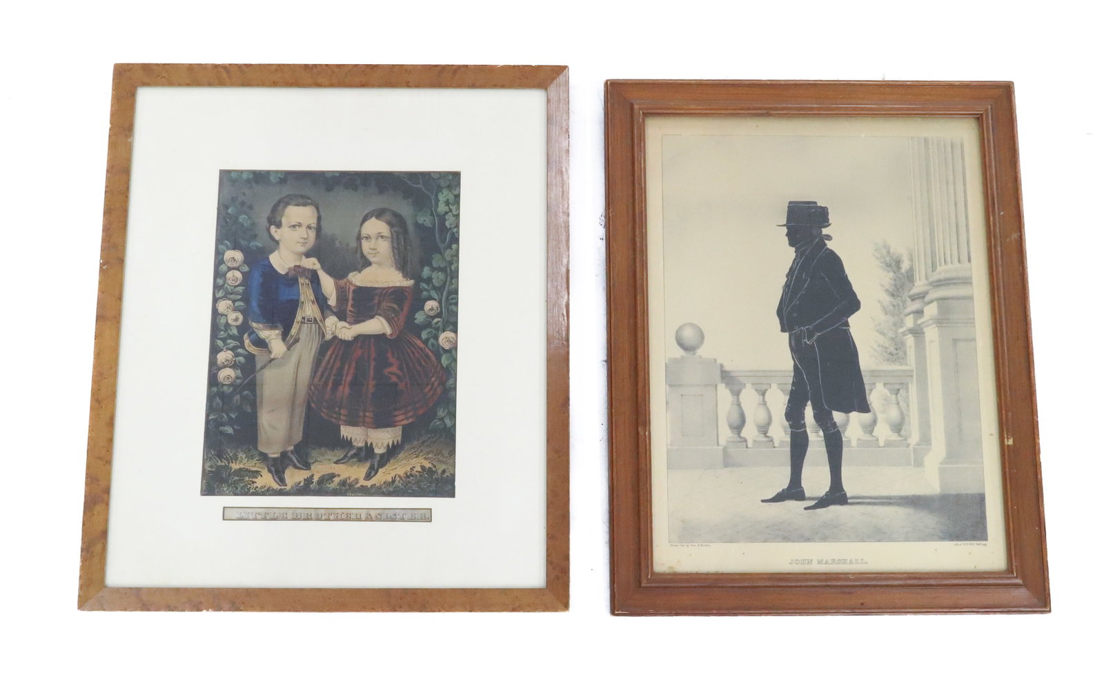 "JOHN MARSHALL" AND "LITTLE BROTHER AND SISTER" PRINTS: "JOHN MARSHALL" LITH. OF E.B. & E.C. KELLOGG. FRAMED UNDER GLASS. 17 1/4" X 13 3/4". WITH, CURRIER & IVES. MATTED AND FRAMED. TOTAL SIZE 17 3/4" X 15". PLEASE READ CAREFULLY - ITEMS MUST BE PAID FOR