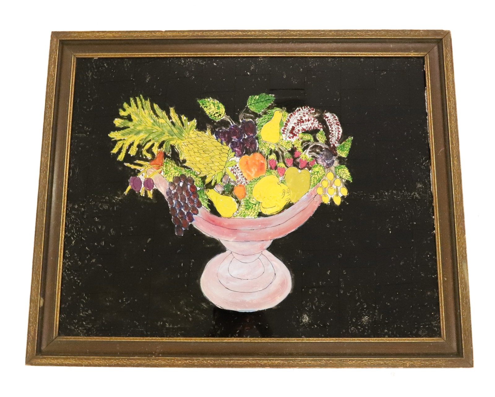 LARGE SCALE TINSEL PAINTING: COMPOTE WITH VARIETY OF FRUIT. FRAMED. 25 1/4" X 31". PLEASE READ CAREFULLY - ITEMS MUST BE PAID FOR THROUGH LIVE AUCTIONEERS OR WITH CASH OR CHECK IN PERSON - Terms for Purchasing and Shipping of