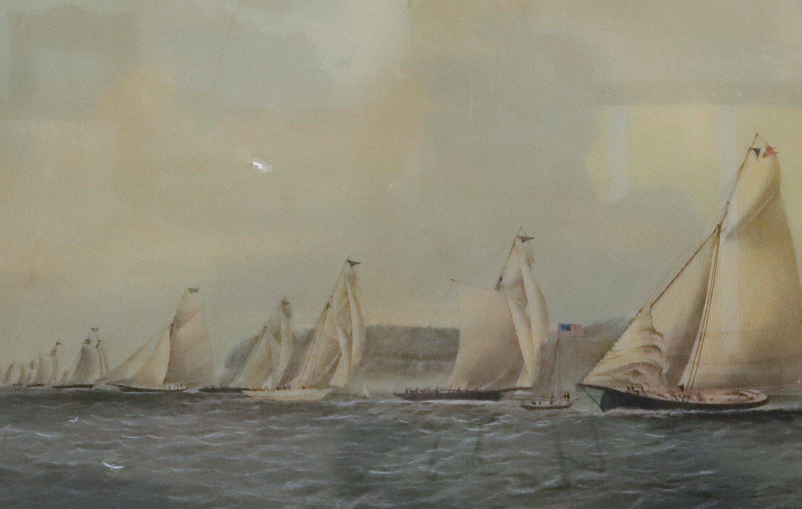 "REGATTA OF THE NEW YORK YACHT CLUB, COMING IN", CURRIER & IVES: COLORED LITHOGRAPH. "PUBLISHED BY CURRIER & IVES, NASSAU STREET, NEW YORK". 19 1/2" X 27 3/4" SIGHT VIEW. MATTED AND FRAMED UNDER GLASS. PLEASE READ CAREFULLY - ITEMS MUST BE PAID FOR THROUGH LIVE AUC