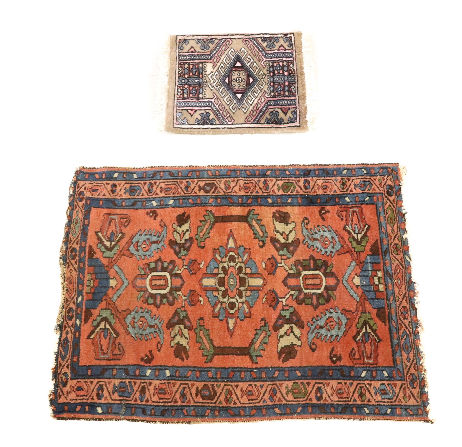 (2) ORIENTAL THROW RUGS: SMALL MAT WITH FRINGED EDGE. 12" X 14". WITH, MAUVE / BLUE / GREEN / TAN FLORAL RUG WITH MULTIPLE BORDERS. 32" X 24". PLEASE READ CAREFULLY - ITEMS MUST BE PAID FOR THROUGH LIVE AUCTIONEERS OR WITH