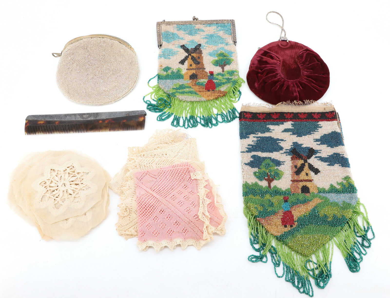 VICTORIAN BEADED BAG LOT: TWO WINDMILL SCENE BAGS, ONE VELVET, CLEAR BEADED BAG, LACE DOILIES AND CROCHETED STARS LARGEST BAG 10"L PLEASE READ CAREFULLY - ITEMS MUST BE PAID FOR THROUGH LIVE AUCTIONEERS OR WITH CASH OR CHECK