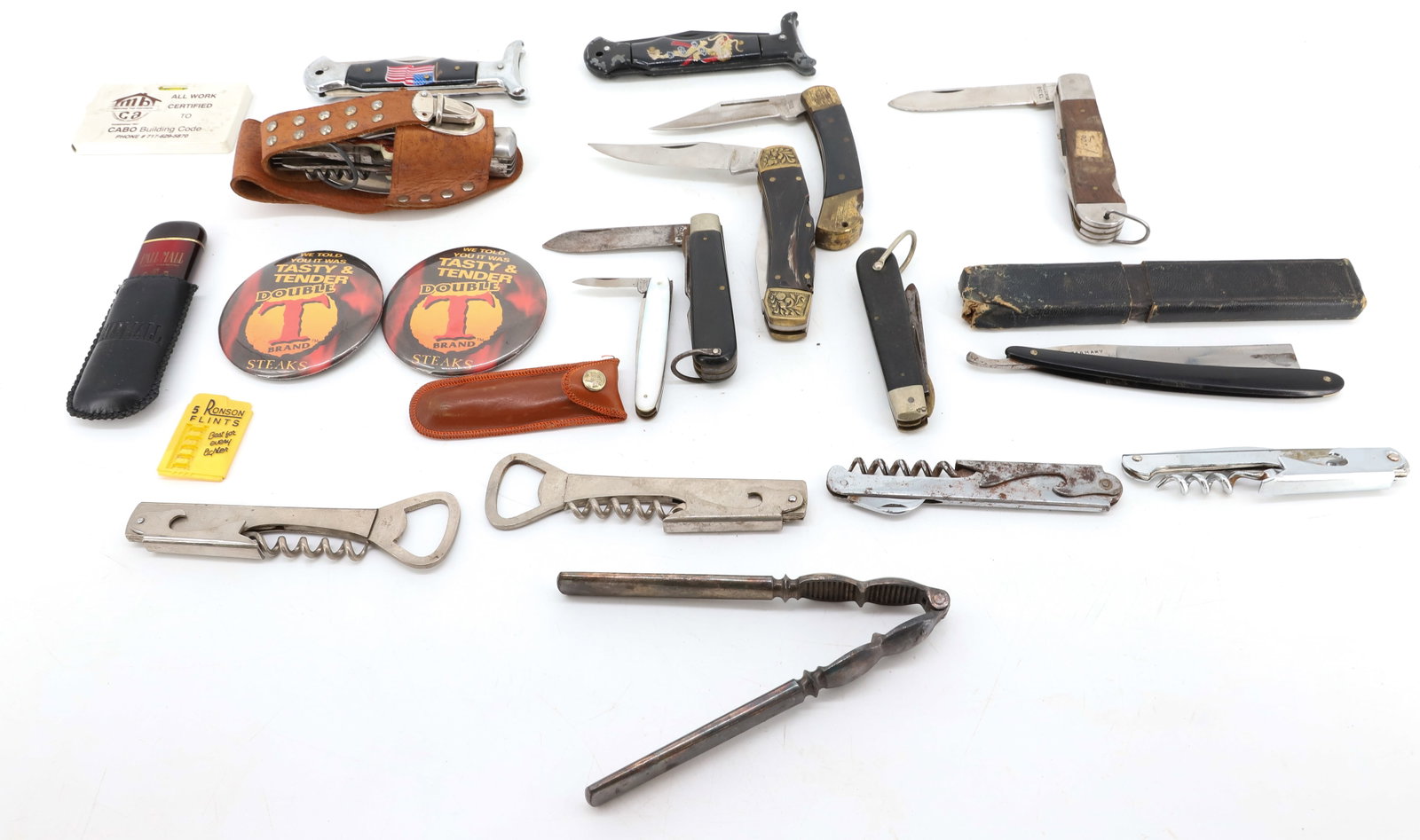 FOLDING KNIFE LOT: (8) FOLDING KNIVES, (4) WINE OPENERS, STRAIGHT RAZOR, STEAK PIN BUTTONS AND TAPE MEASURE INCLUDED MOTHER OF PEARL HIKE CUT CO GERMANY FOLDING KNIFE IN CASE PLEASE READ CAREFULLY - ITEMS MUST BE PAID