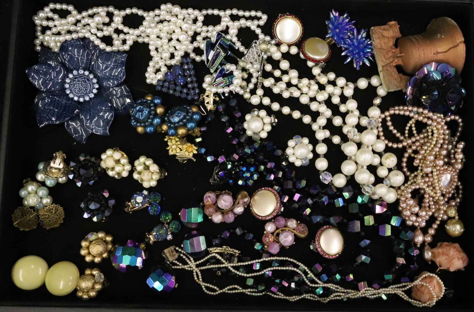 VINTAGE COSTUME JEWELRY LOT: IRIDESCENT BLUE EARRINGS NECKLACE, BLUE BROOCH, PEARL NECKLACE, PEARL EARRINGS,SEVERAL PAIRS OF EARRINGS PLEASE READ CAREFULLY - ITEMS MUST BE PAID FOR THROUGH LIVE AUCTIONEERS OR WITH CASH OR CHECK