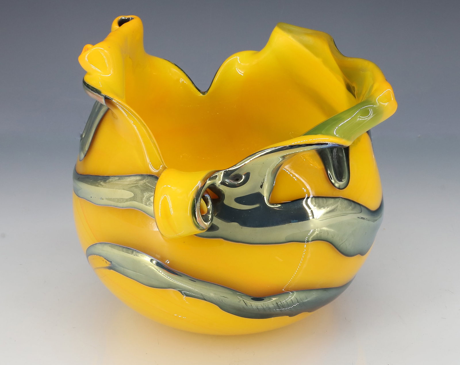 CHARLES LOTON YELLOW LAVA VASE: CURLED RIM SIGNED CHARLES LOTON 2009 5 1/2"H X 6 1/2" PLEASE READ CAREFULLY - ITEMS MUST BE PAID FOR THROUGH LIVE AUCTIONEERS OR WITH CASH OR CHECK IN PERSON - Terms for Purchasing and Shipping of