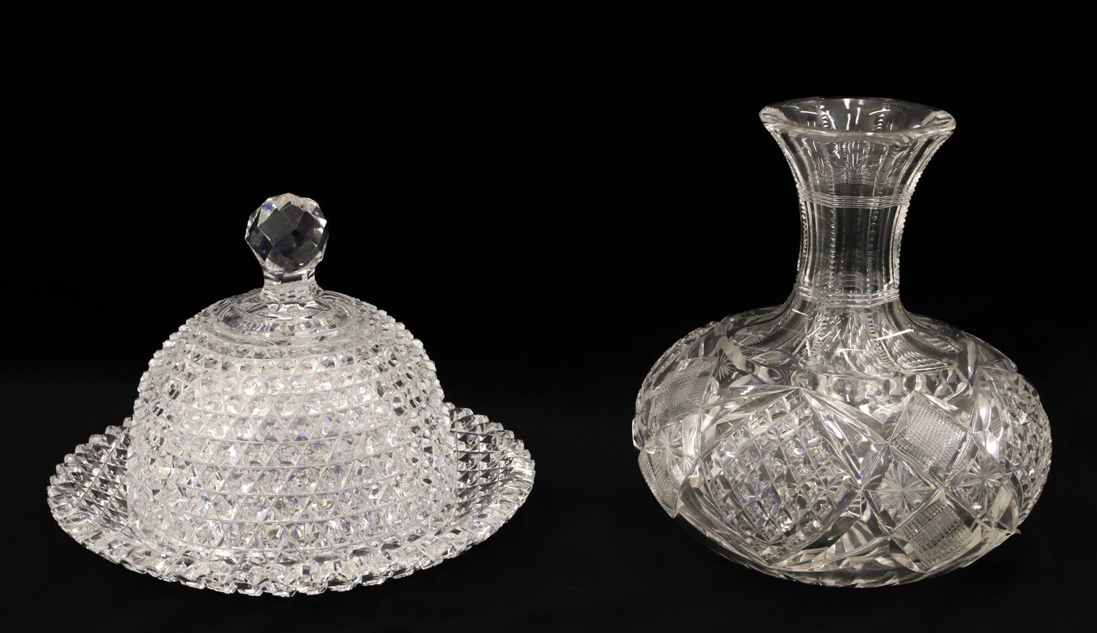 (2) AMERICAN BRILLIANT CUT GLASS SIGNED CLARK: COVERED BUTTER DISH IN BRILLIANT SAWTOOTH PATTERN UNSIGNED AND WINE CARAFE SIGNED "CLARK" 5 1/2"H X 7 3/4" DIA , 7 1/4"H PLEASE READ CAREFULLY - ITEMS MUST BE PAID FOR THROUGH LIVE AUCTIONEERS OR