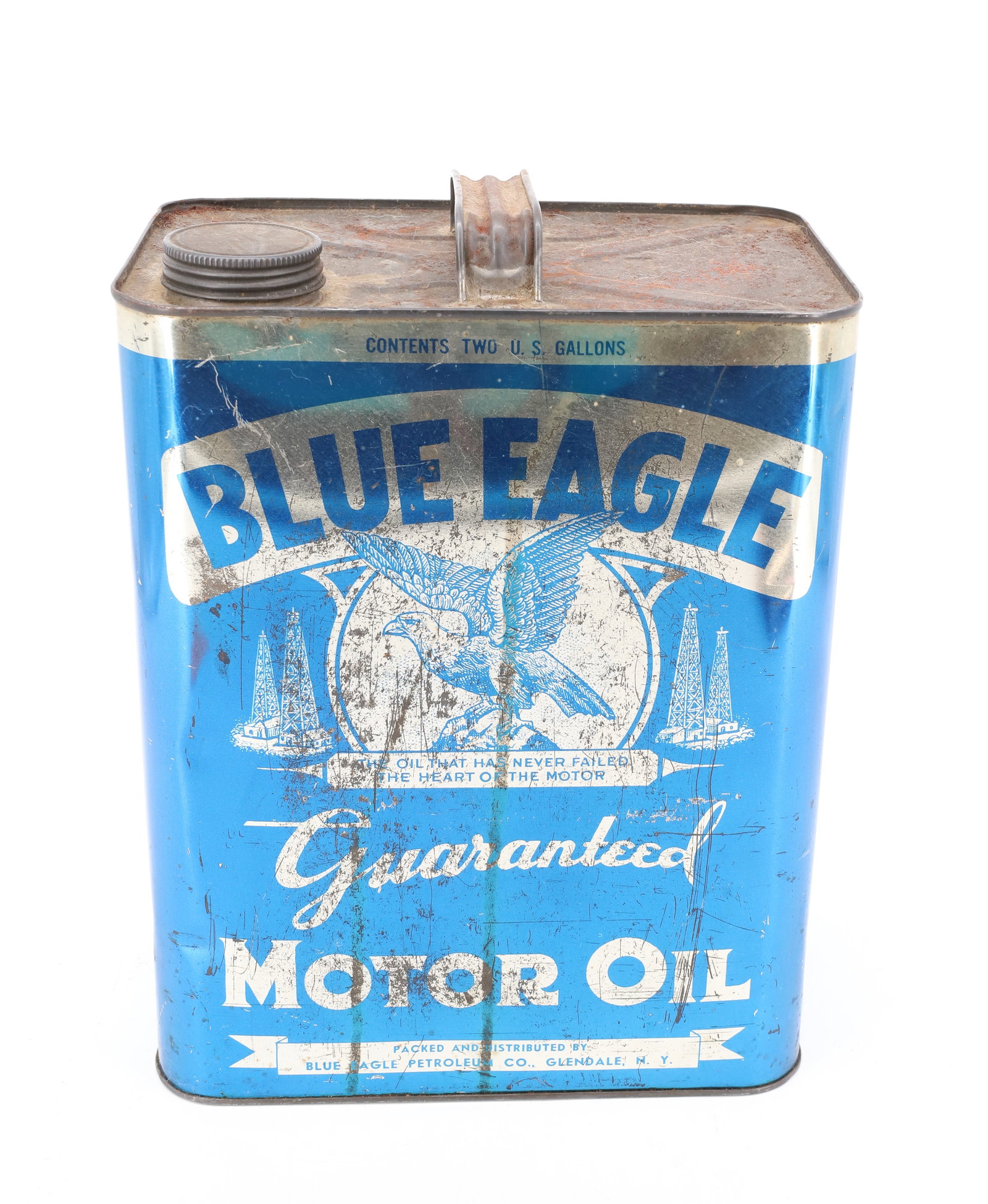 VINTAGE BLUE EAGLE MOTOR OIL CAN: TWO GAL. CAN BLUE BACKGROUND, WITH EAGLE, OIL DERRICKS 11 1/2" X 8 3/4" PLEASE READ CAREFULLY - ITEMS MUST BE PAID FOR THROUGH LIVE AUCTIONEERS OR WITH CASH OR CHECK IN PERSON - Terms for Purchasing a
