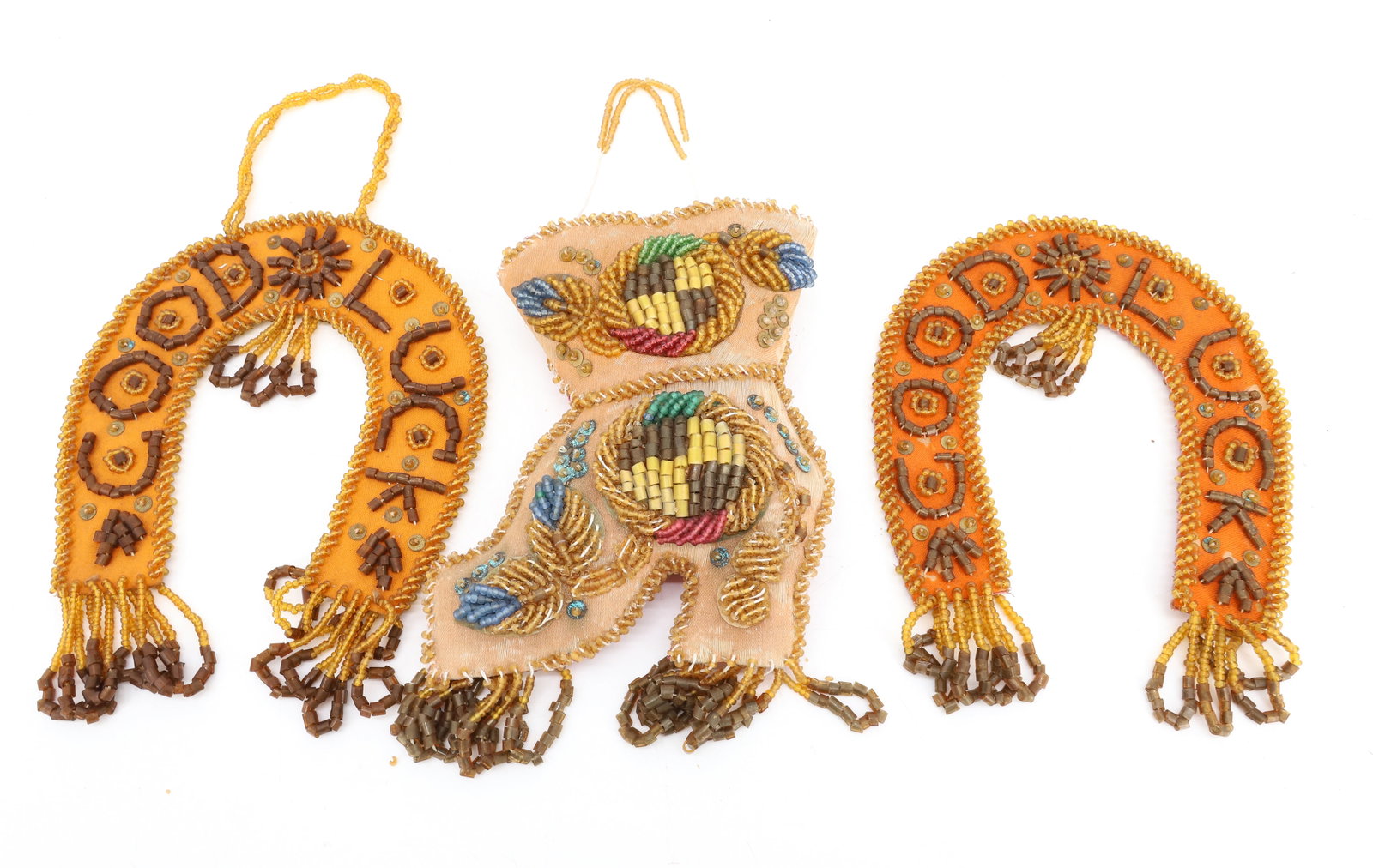 (3) NATIVE AMERICAN BEADWORK "GOOD LUCK": HIGH SHOE WITH BLUE,GREEN,RED AND GOLD COLORS, TWO HORSESHOES "GOOD LUCK" BROWN AND GOLD COLORS 8"H PLEASE READ CAREFULLY - ITEMS MUST BE PAID FOR THROUGH LIVE AUCTIONEERS OR WITH CASH OR CHECK IN