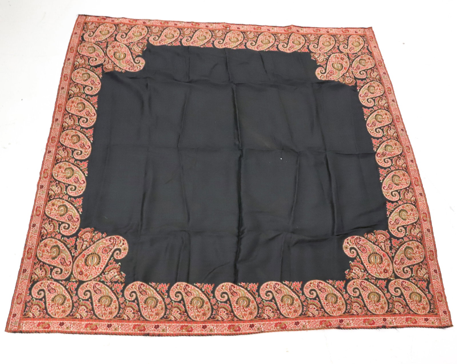 PAISLEY SHAW: RED WITH BLACK CENTER, 54" X 54" PLEASE READ CAREFULLY - ITEMS MUST BE PAID FOR THROUGH LIVE AUCTIONEERS OR WITH CASH OR CHECK IN PERSON - Terms for Purchasing and Shipping of Auction Items. Please