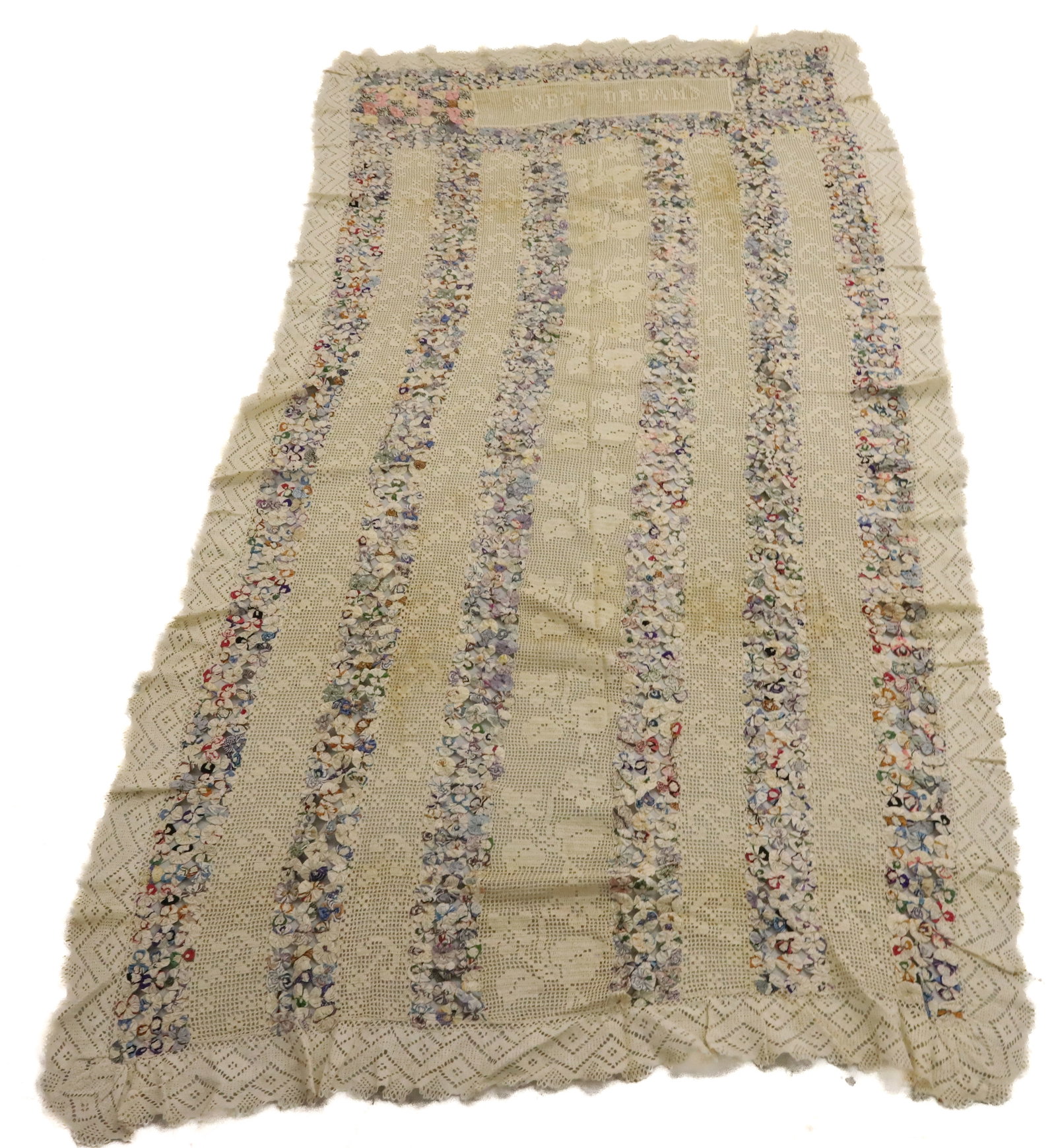 CROCHET SINGLE BED SPREAD: CROCHETED AT TOP "SWEET DREAMS" WITH ANCHOR AND FLORAL PATTERNS, PENNY QUILTED STRIPS 51" X 98" PLEASE READ CAREFULLY - ITEMS MUST BE PAID FOR THROUGH LIVE AUCTIONEERS OR WITH CASH OR CHECK IN PERSON