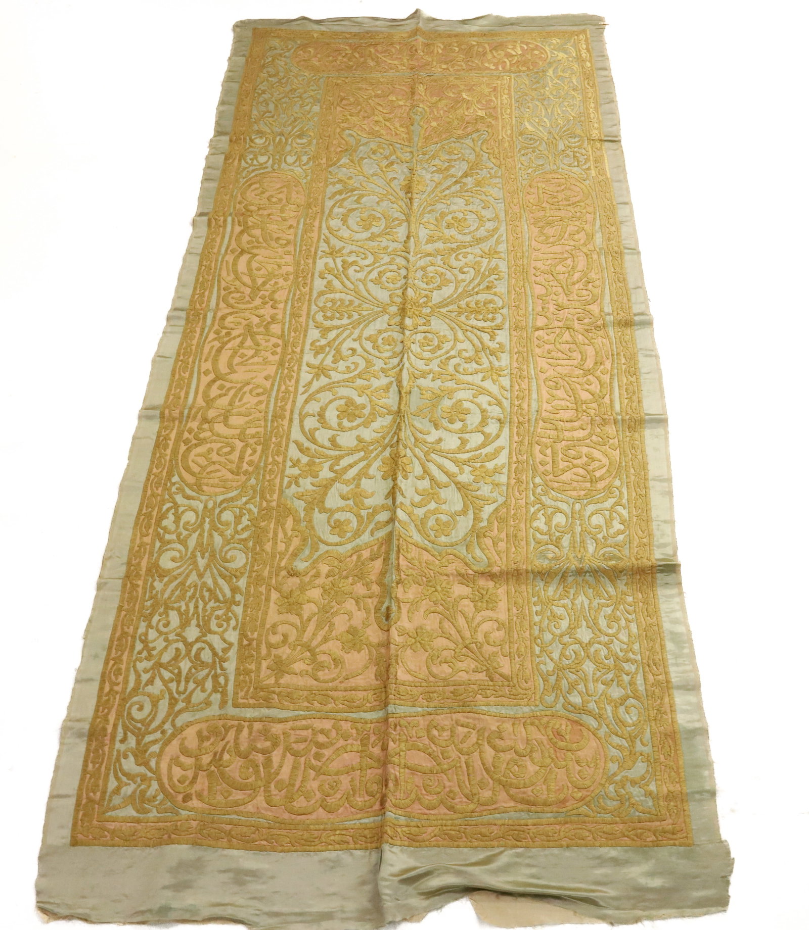 EMBROIDERED SILK PANEL OTTOMAN EMPIRE: ISLAMIC OTTOMAN EMPIRE EMBROIDERED SILK PANEL PRE WWI 49" X 113 1/2' PLEASE READ CAREFULLY - ITEMS MUST BE PAID FOR THROUGH LIVE AUCTIONEERS OR WITH CASH OR CHECK IN PERSON - Terms for Purchasing and