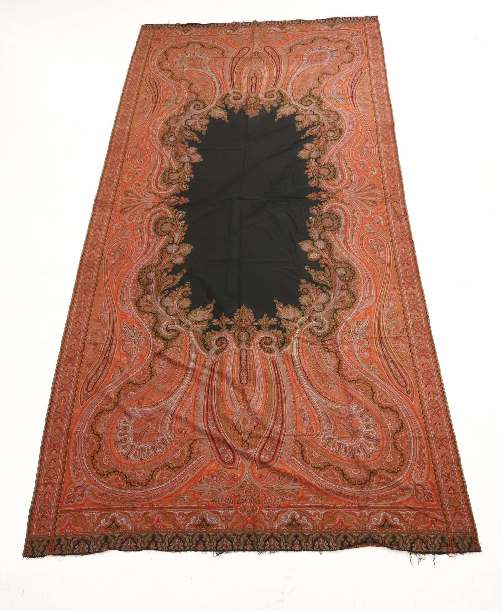 PERSIAN WOOL PAISLEY PIANO SHAWL: BLACK CENTER 62" X 10FT. 11" PLEASE READ CAREFULLY - ITEMS MUST BE PAID FOR THROUGH LIVE AUCTIONEERS OR WITH CASH OR CHECK IN PERSON - Terms for Purchasing and Shipping of Auction Items. Please read