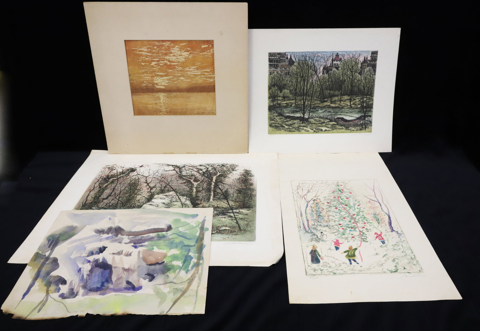 (5) WATERCOLORS AND ENGRAVINGS: WATERCOLOR BY E.H.MAPS STROUDSBURG, PA, (3) ENGRAVINGS BY LANCASTER ONE DATED 1975, AND WOOD BLOCK BY H.W. DYER 1934 LARGEST 16" X 21 1/2' PLEASE READ CAREFULLY - ITEMS MUST BE PAID FOR THROUGH LIVE