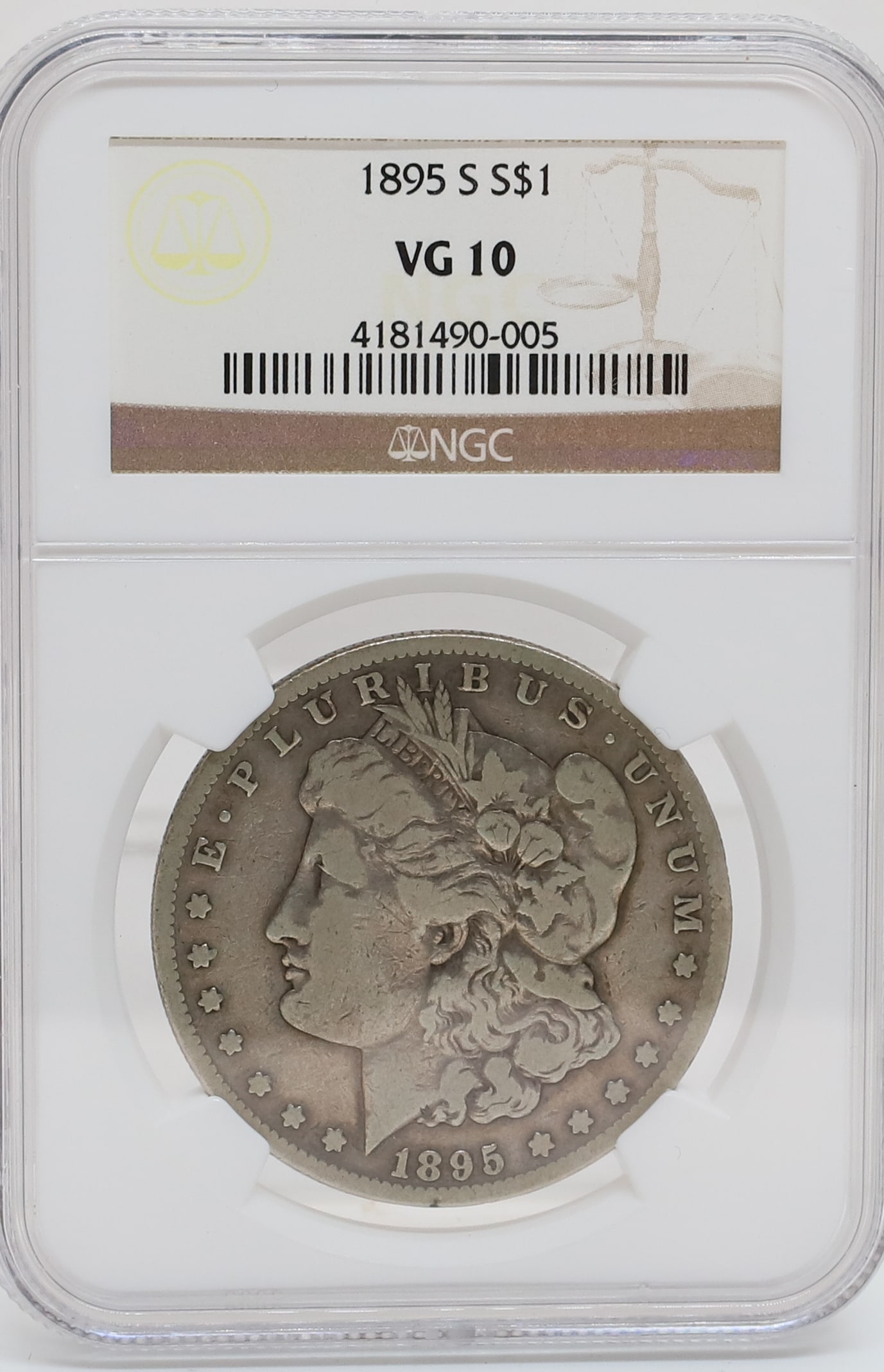 1895 S MORGAN DOLLAR: NGC GRADED VG 10 PLEASE READ CAREFULLY - PREVIEW FOR THIS AUCTION WILL BE THE DAY OF THE SALE FROM 9:00 AM TILL 1:00 PM AT THE START OF THE AUCTION - SINCE THIS IS A COIN SALE PLEASE NOTE. ITEMS MUST 