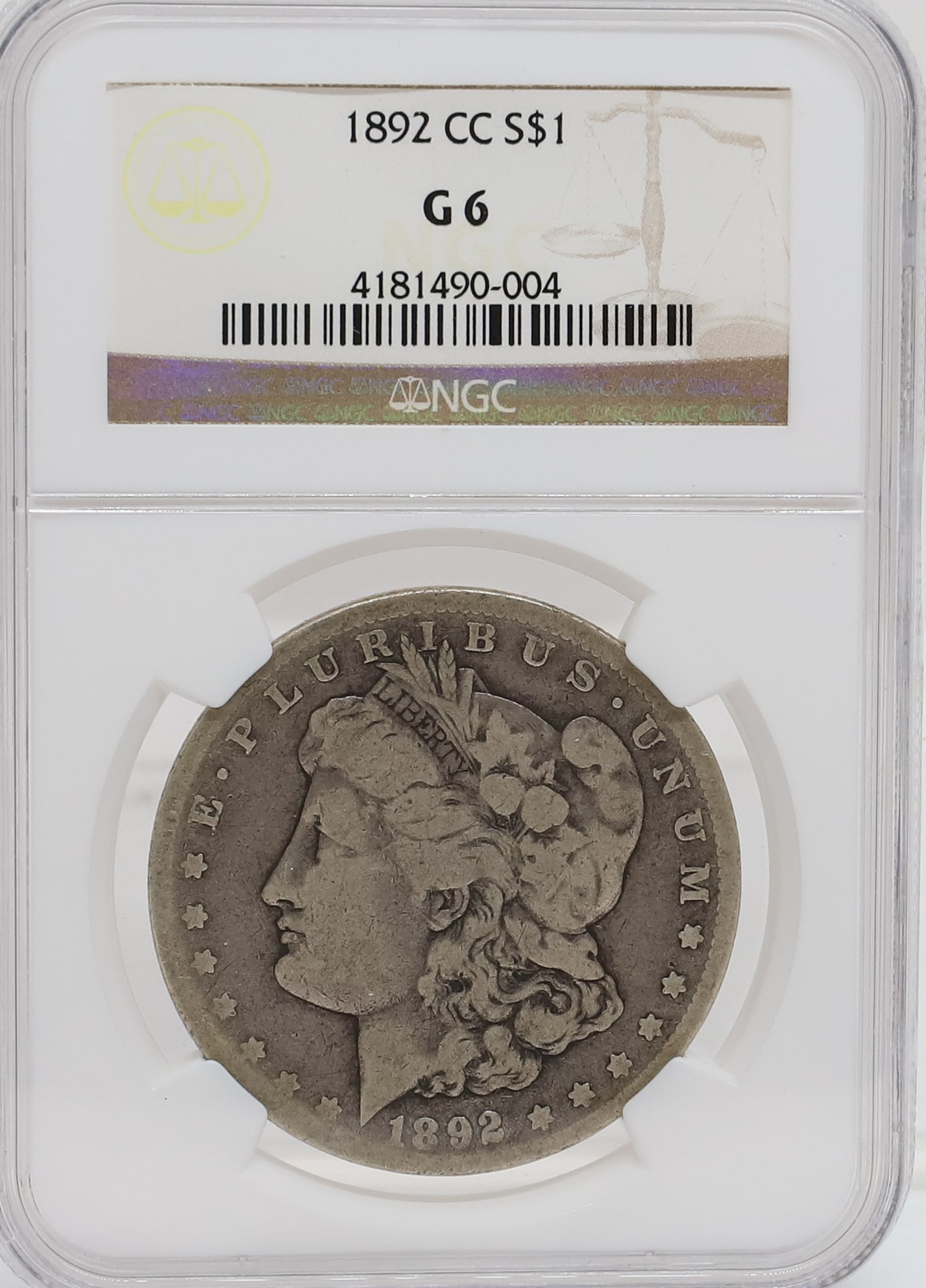 1892 CC MORGAN DOLLAR: NSC GRADED G6 PLEASE READ CAREFULLY - PREVIEW FOR THIS AUCTION WILL BE THE DAY OF THE SALE FROM 9:00 AM TILL 1:00 PM AT THE START OF THE AUCTION - SINCE THIS IS A COIN SALE PLEASE NOTE. ITEMS MUST BE