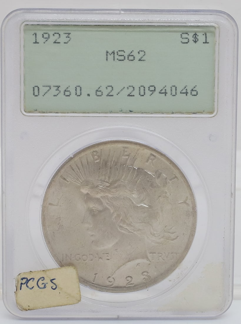 1923 PEACE DOLLAR: PCGS MS 62 PLEASE READ CAREFULLY - PREVIEW FOR THIS AUCTION WILL BE THE DAY OF THE SALE FROM 9:00 AM TILL 1:00 PM AT THE START OF THE AUCTION - SINCE THIS IS A COIN SALE PLEASE NOTE. ITEMS MUST BE