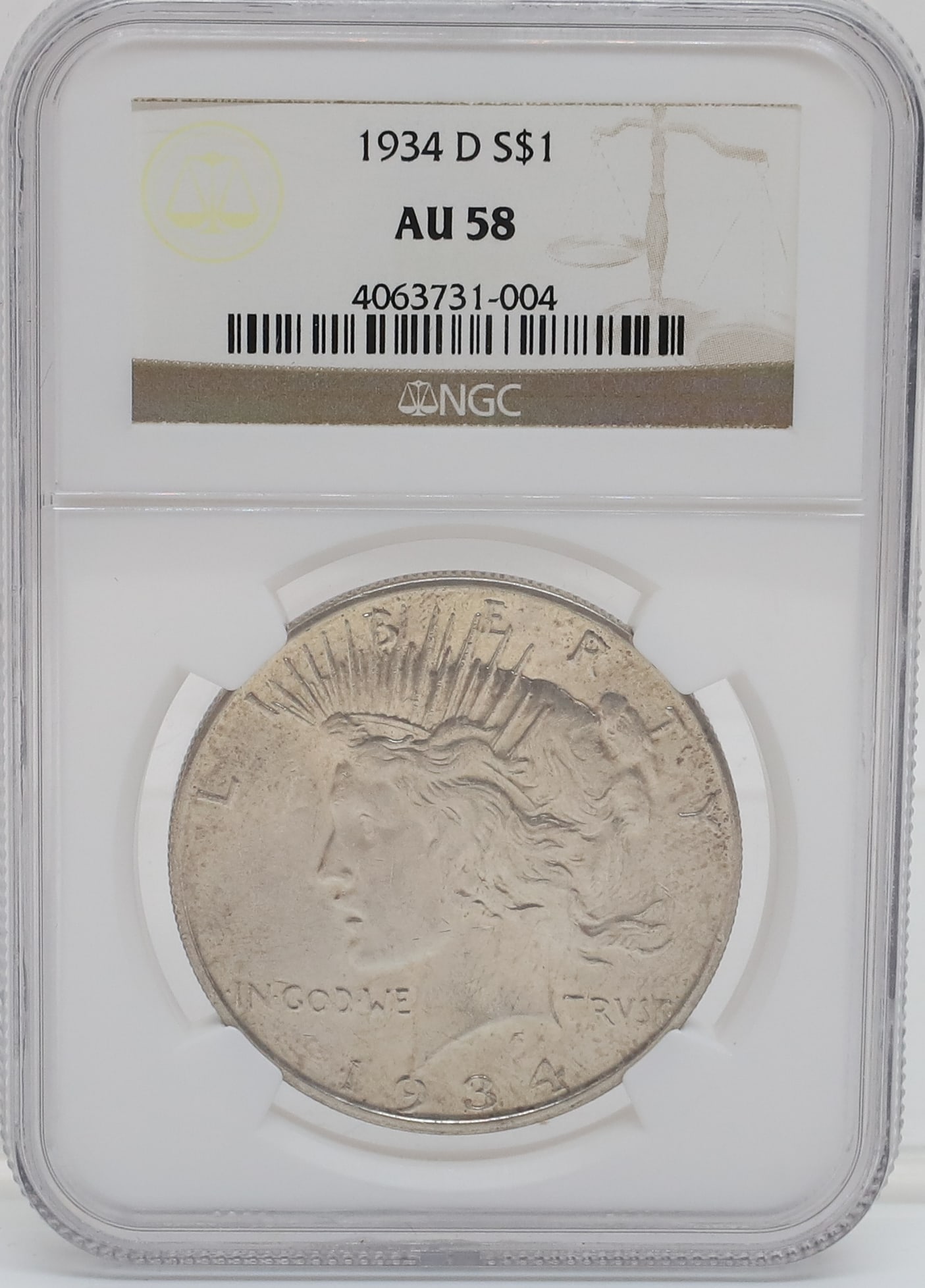 1934 D PEACE DOLLAR: NGC GRADED AU 58 PLEASE READ CAREFULLY - PREVIEW FOR THIS AUCTION WILL BE THE DAY OF THE SALE FROM 9:00 AM TILL 1:00 PM AT THE START OF THE AUCTION - SINCE THIS IS A COIN SALE PLEASE NOTE. ITEMS MUST