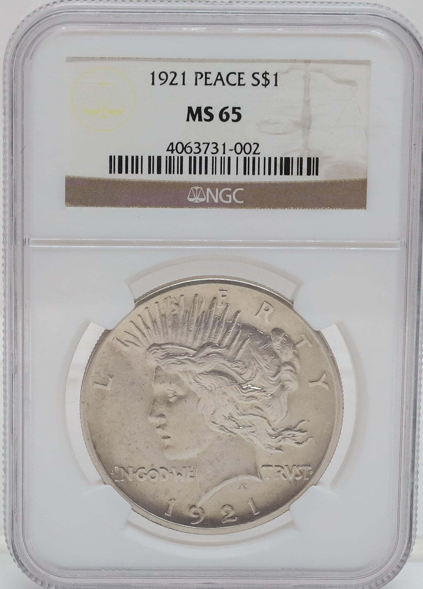 1921 PEACE DOLLAR: NGC GRADED MS 65 PLEASE READ CAREFULLY - PREVIEW FOR THIS AUCTION WILL BE THE DAY OF THE SALE FROM 9:00 AM TILL 1:00 PM AT THE START OF THE AUCTION - SINCE THIS IS A COIN SALE PLEASE NOTE. ITEMS MUST