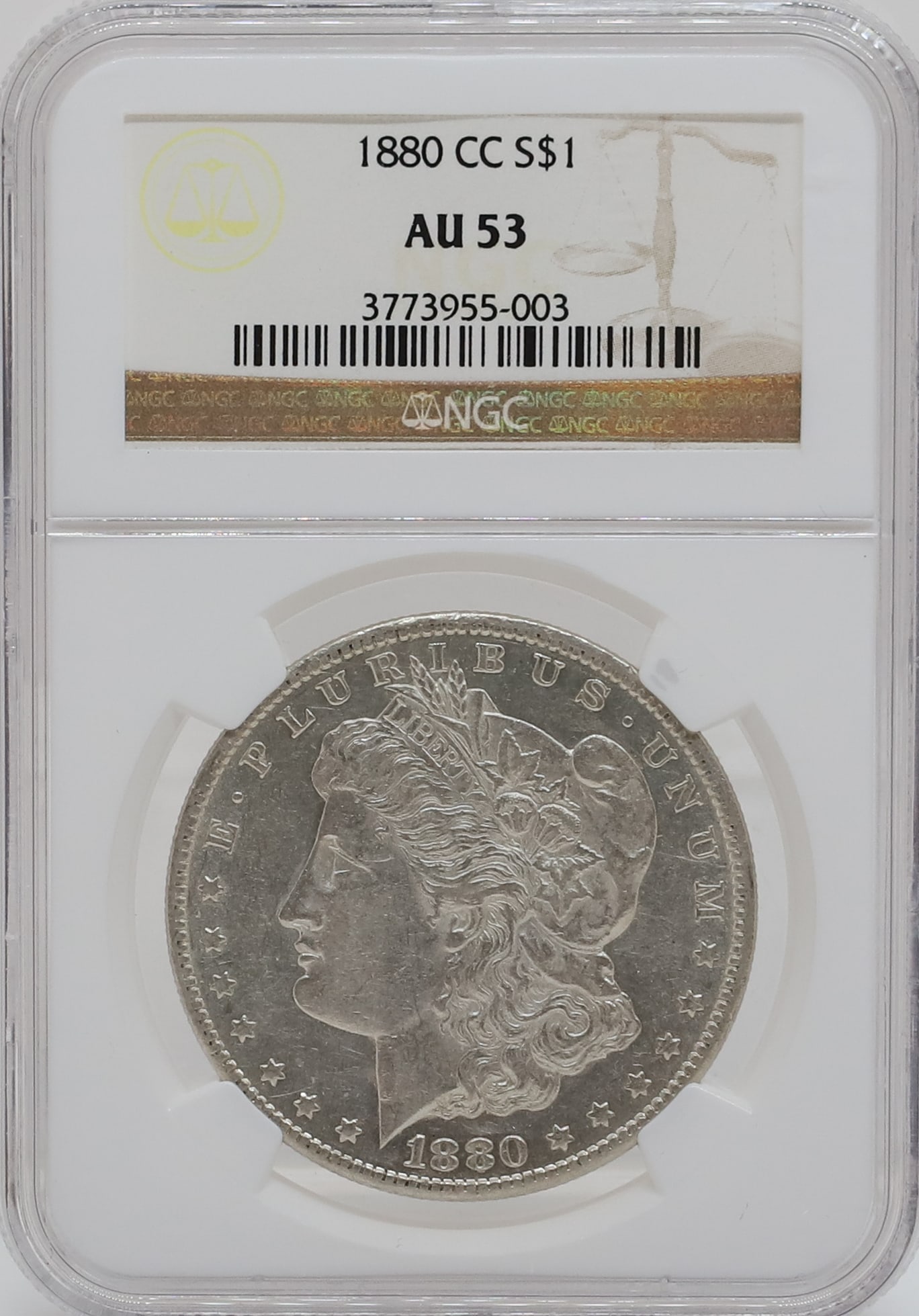 1880 CC MORGAN DOLLAR: NGC GRADED AU 53 PLEASE READ CAREFULLY - PREVIEW FOR THIS AUCTION WILL BE THE DAY OF THE SALE FROM 9:00 AM TILL 1:00 PM AT THE START OF THE AUCTION - SINCE THIS IS A COIN SALE PLEASE NOTE. ITEMS MUST 