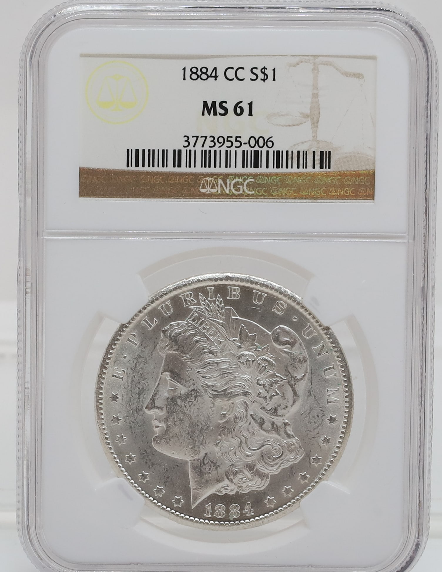 1884 CC MORGAN DOLLAR: NGC GRADED MS 61 PLEASE READ CAREFULLY - PREVIEW FOR THIS AUCTION WILL BE THE DAY OF THE SALE FROM 9:00 AM TILL 1:00 PM AT THE START OF THE AUCTION - SINCE THIS IS A COIN SALE PLEASE NOTE. ITEMS MUST 