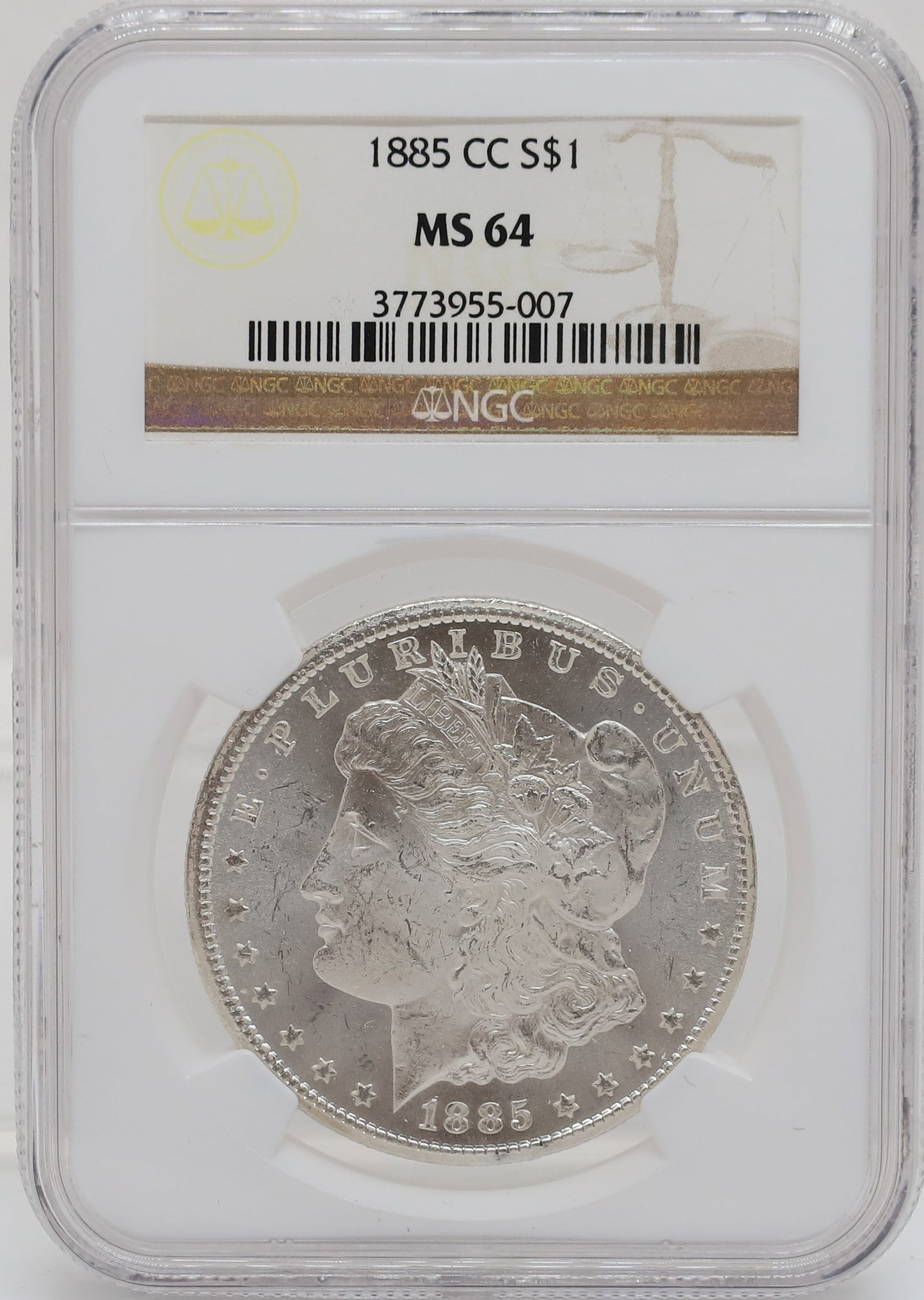 1885 CC MORGAN DOLLAR: NGC GRADED MS 64 PLEASE READ CAREFULLY - PREVIEW FOR THIS AUCTION WILL BE THE DAY OF THE SALE FROM 9:00 AM TILL 1:00 PM AT THE START OF THE AUCTION - SINCE THIS IS A COIN SALE PLEASE NOTE. ITEMS MUST 