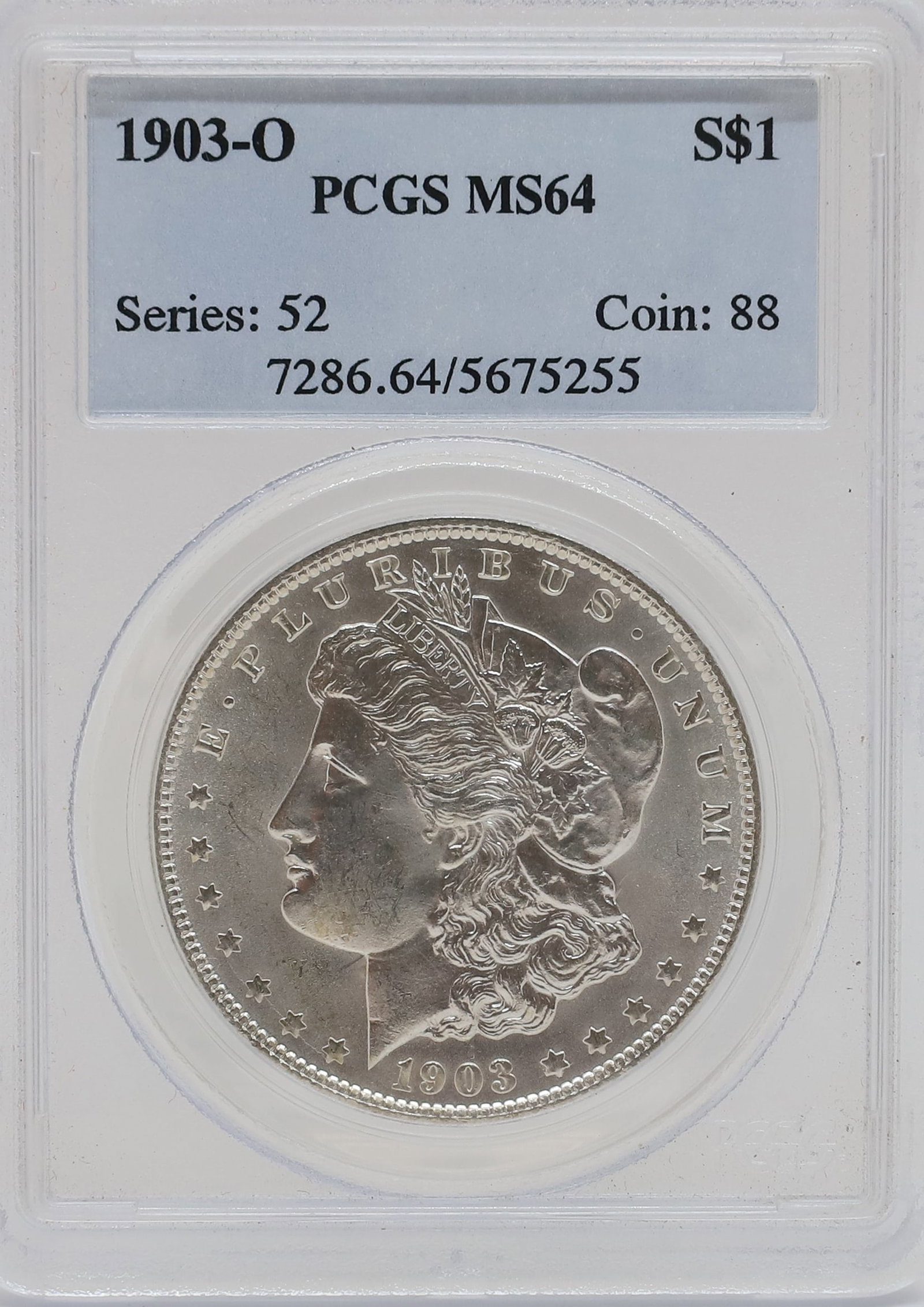 1903 O MORGAN DOLLAR: PSGS GRADED MS 64 PLEASE READ CAREFULLY - PREVIEW FOR THIS AUCTION WILL BE THE DAY OF THE SALE FROM 9:00 AM TILL 1:00 PM AT THE START OF THE AUCTION - SINCE THIS IS A COIN SALE PLEASE NOTE. ITEMS MUST