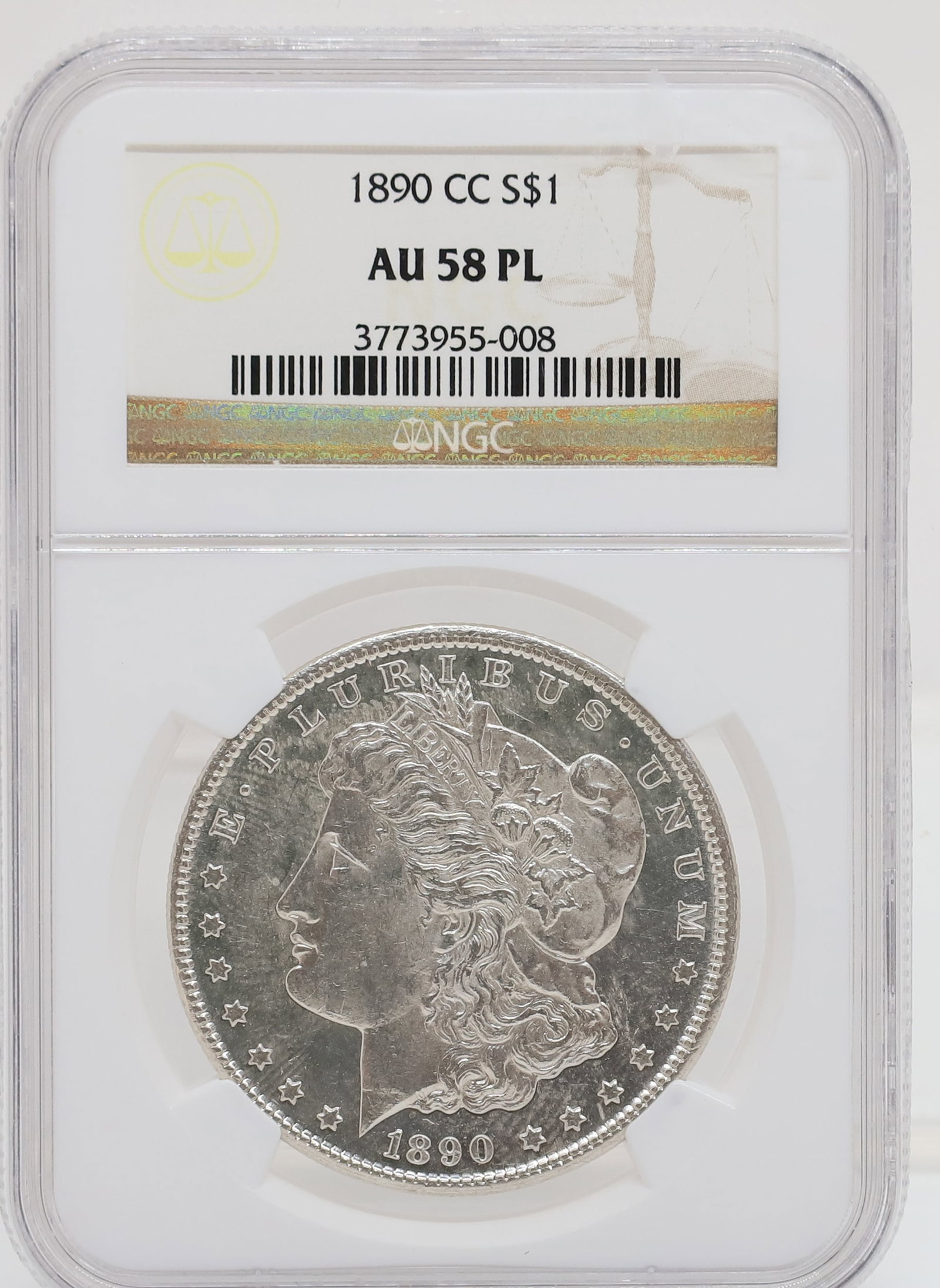 1890 CC MORGAN DOLLAR: NGC GRADED AU 58 PL PLEASE READ CAREFULLY - PREVIEW FOR THIS AUCTION WILL BE THE DAY OF THE SALE FROM 9:00 AM TILL 1:00 PM AT THE START OF THE AUCTION - SINCE THIS IS A COIN SALE PLEASE NOTE. ITEMS MU