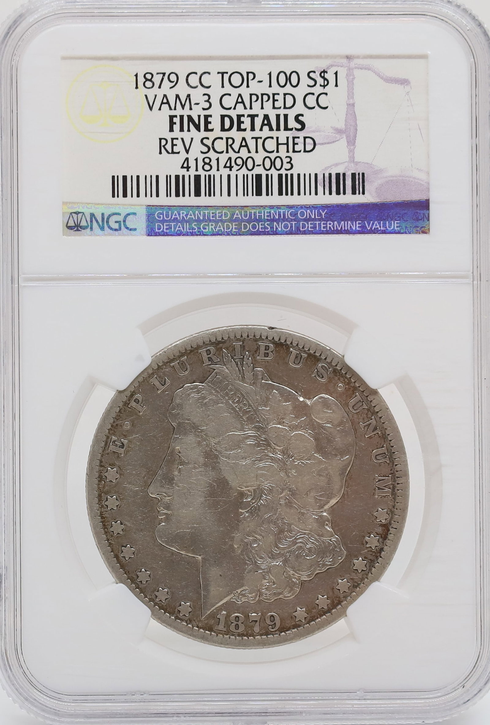 1879 CC MORGAN DOLLAR: NGC GRADED, FINE DETAILS REVERSE SCRATCHES PLEASE READ CAREFULLY - PREVIEW FOR THIS AUCTION WILL BE THE DAY OF THE SALE FROM 9:00 AM TILL 1:00 PM AT THE START OF THE AUCTION - SINCE THIS IS A COIN SAL