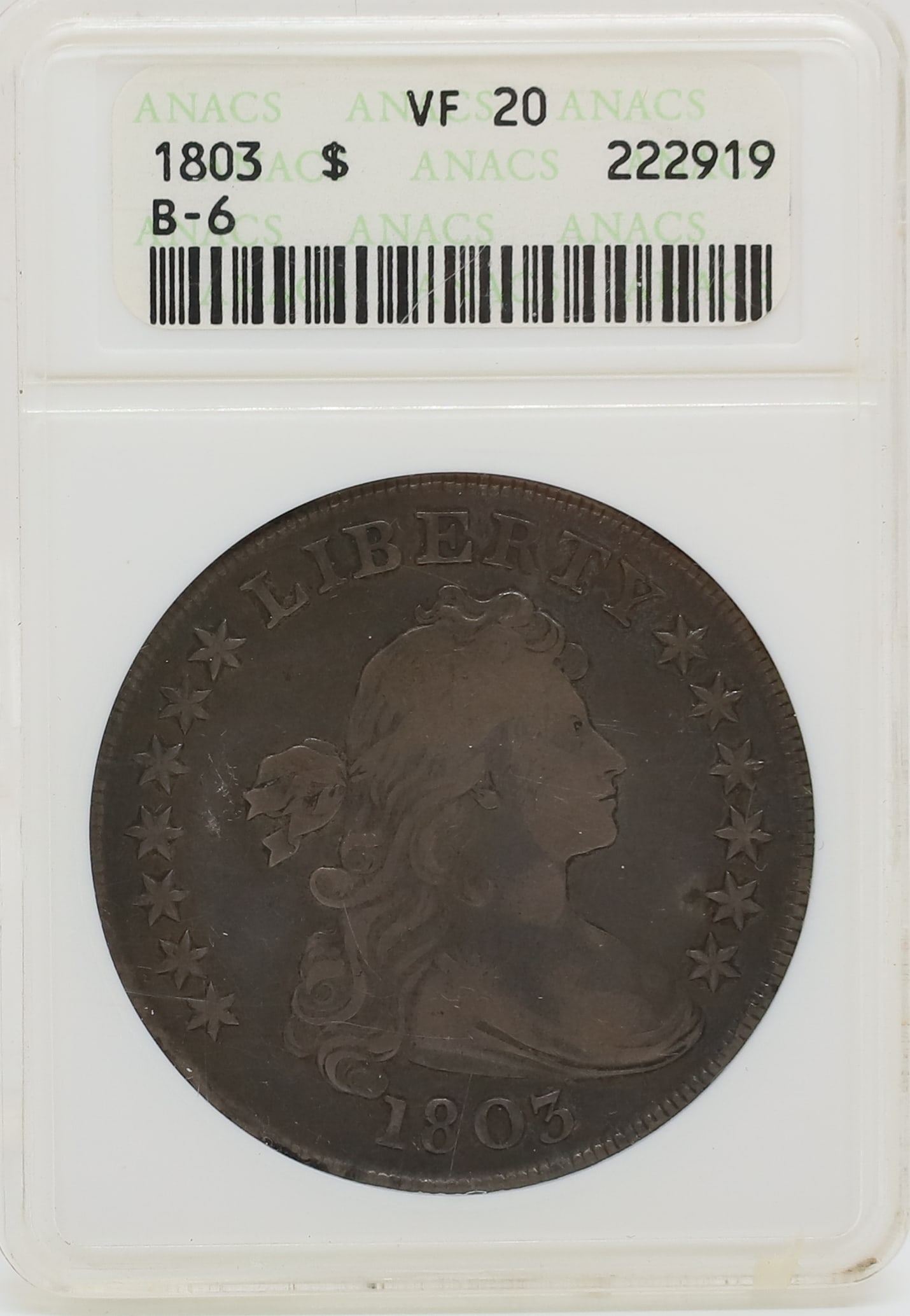 1803 U.S. DOLLAR: ANACS GRADED VF 20 PLEASE READ CAREFULLY - PREVIEW FOR THIS AUCTION WILL BE THE DAY OF THE SALE FROM 9:00 AM TILL 1:00 PM AT THE START OF THE AUCTION - SINCE THIS IS A COIN SALE PLEASE NOTE. ITEMS MUS