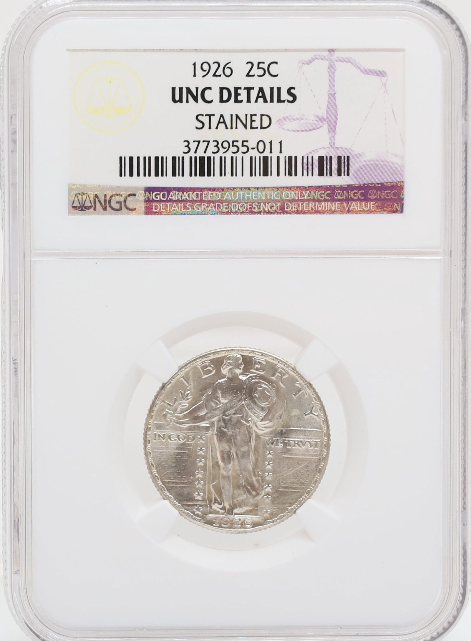 1926 STANDING LIBERTY QUARTER: NGC GRADED UNC DETAILS, STAINED PLEASE READ CAREFULLY - PREVIEW FOR THIS AUCTION WILL BE THE DAY OF THE SALE FROM 9:00 AM TILL 1:00 PM AT THE START OF THE AUCTION - SINCE THIS IS A COIN SALE PLEASE NO