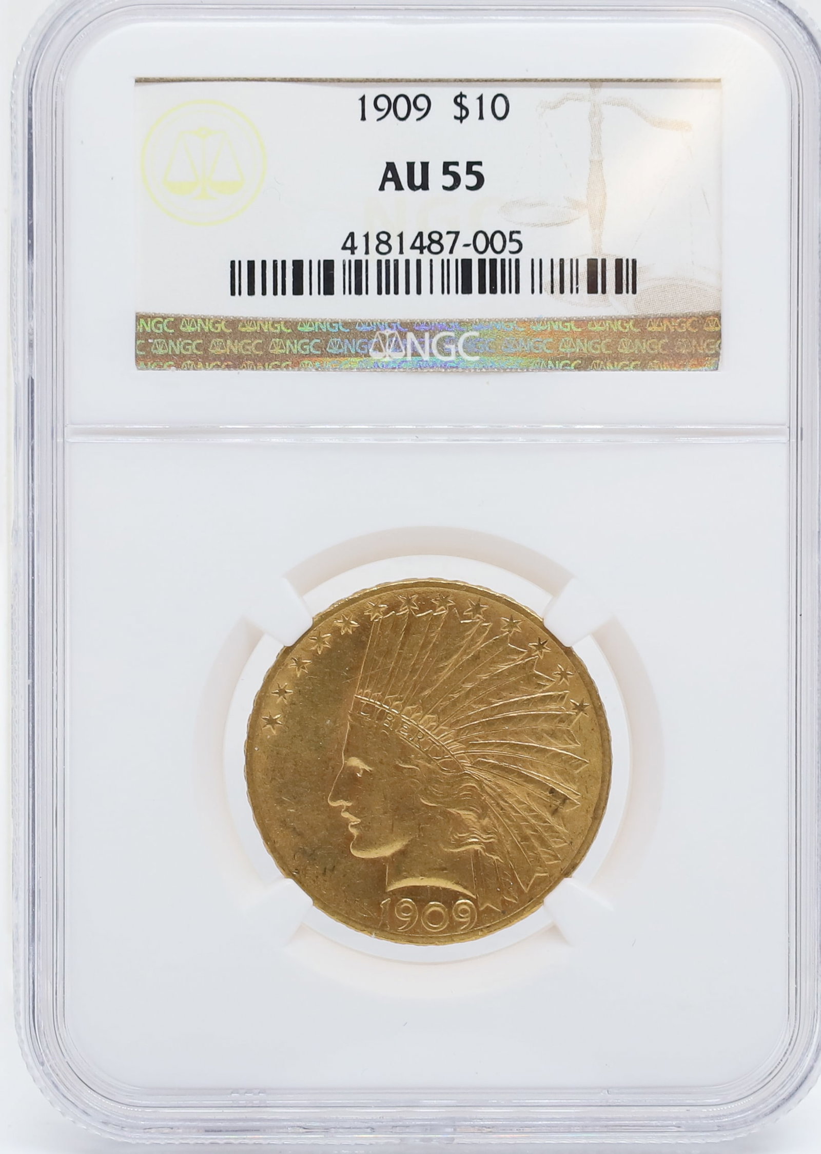 1909 U.S. $10.00 GOLD: NGC GRADED, AU 55 PLEASE READ CAREFULLY - PREVIEW FOR THIS AUCTION WILL BE THE DAY OF THE SALE FROM 9:00 AM TILL 1:00 PM AT THE START OF THE AUCTION - SINCE THIS IS A COIN SALE PLEASE NOTE. ITEMS MUST