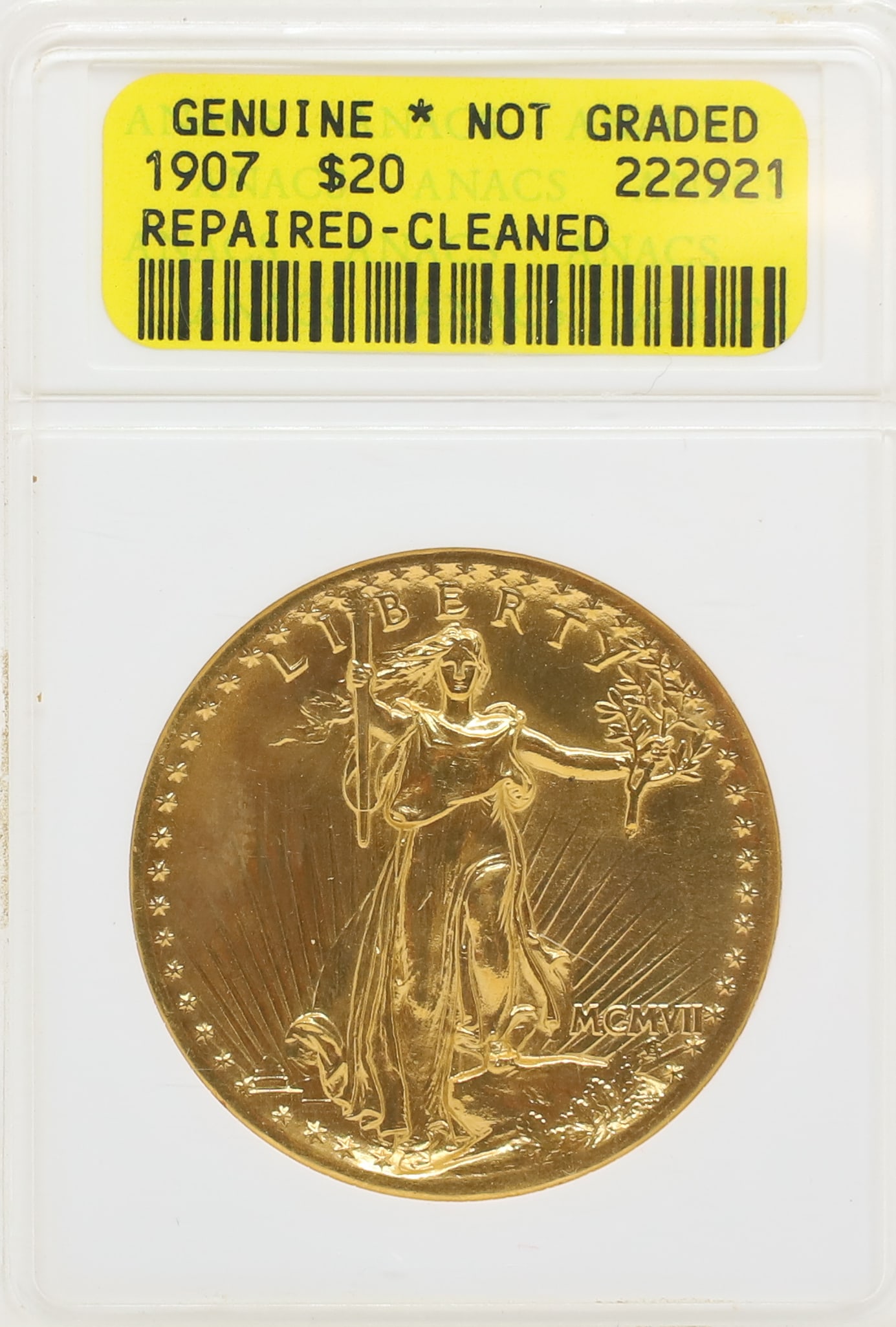 1907 U.S. $20.00 GOLD: ANACS GRADED, GENUINE PLEASE READ CAREFULLY - PREVIEW FOR THIS AUCTION WILL BE THE DAY OF THE SALE FROM 9:00 AM TILL 1:00 PM AT THE START OF THE AUCTION - SINCE THIS IS A COIN SALE PLEASE NOTE. ITEMS 
