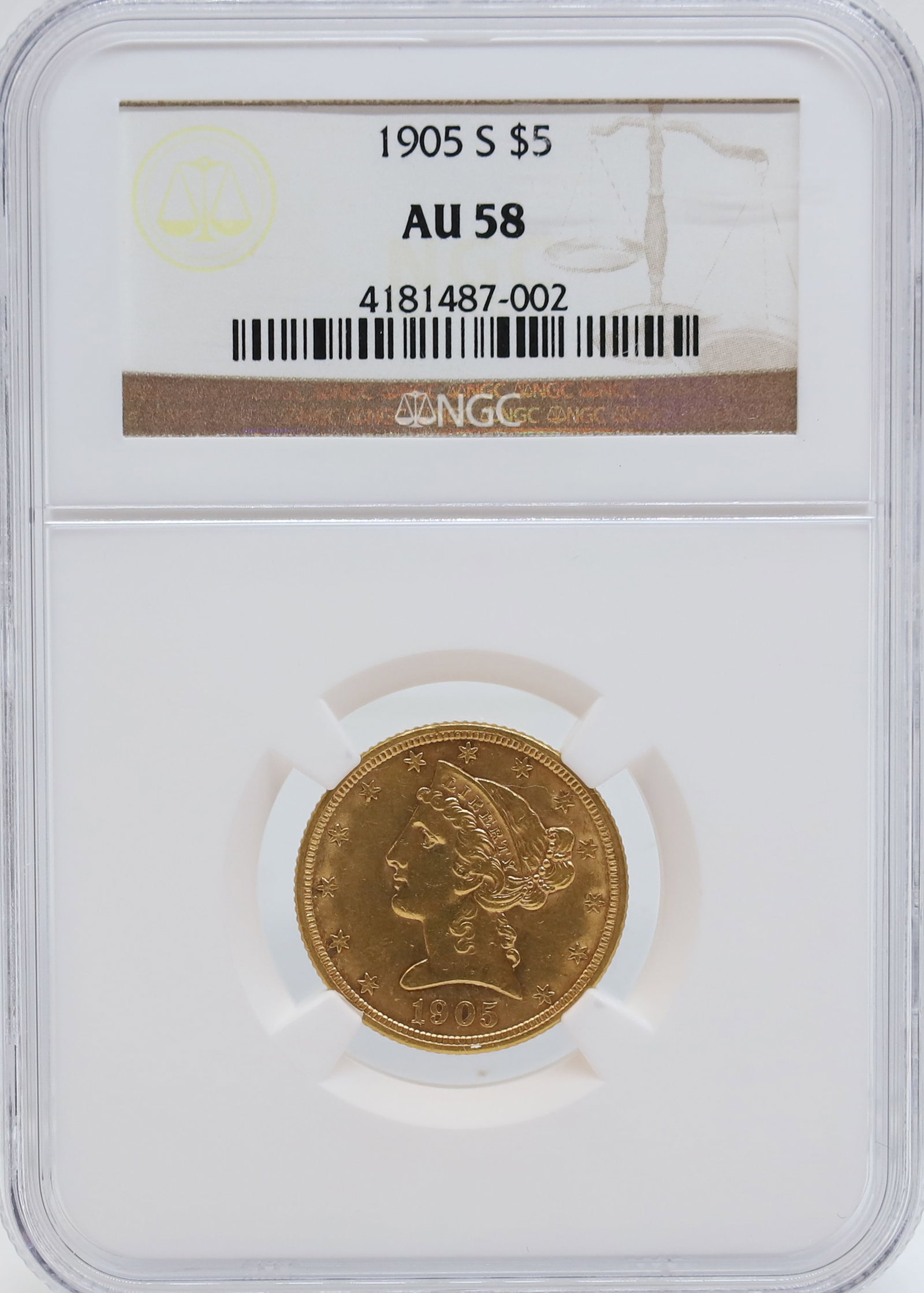 1905 S U.S. $5.00 GOLD: NGC GRADED, AU 58 PLEASE READ CAREFULLY - PREVIEW FOR THIS AUCTION WILL BE THE DAY OF THE SALE FROM 9:00 AM TILL 1:00 PM AT THE START OF THE AUCTION - SINCE THIS IS A COIN SALE PLEASE NOTE. ITEMS MUST