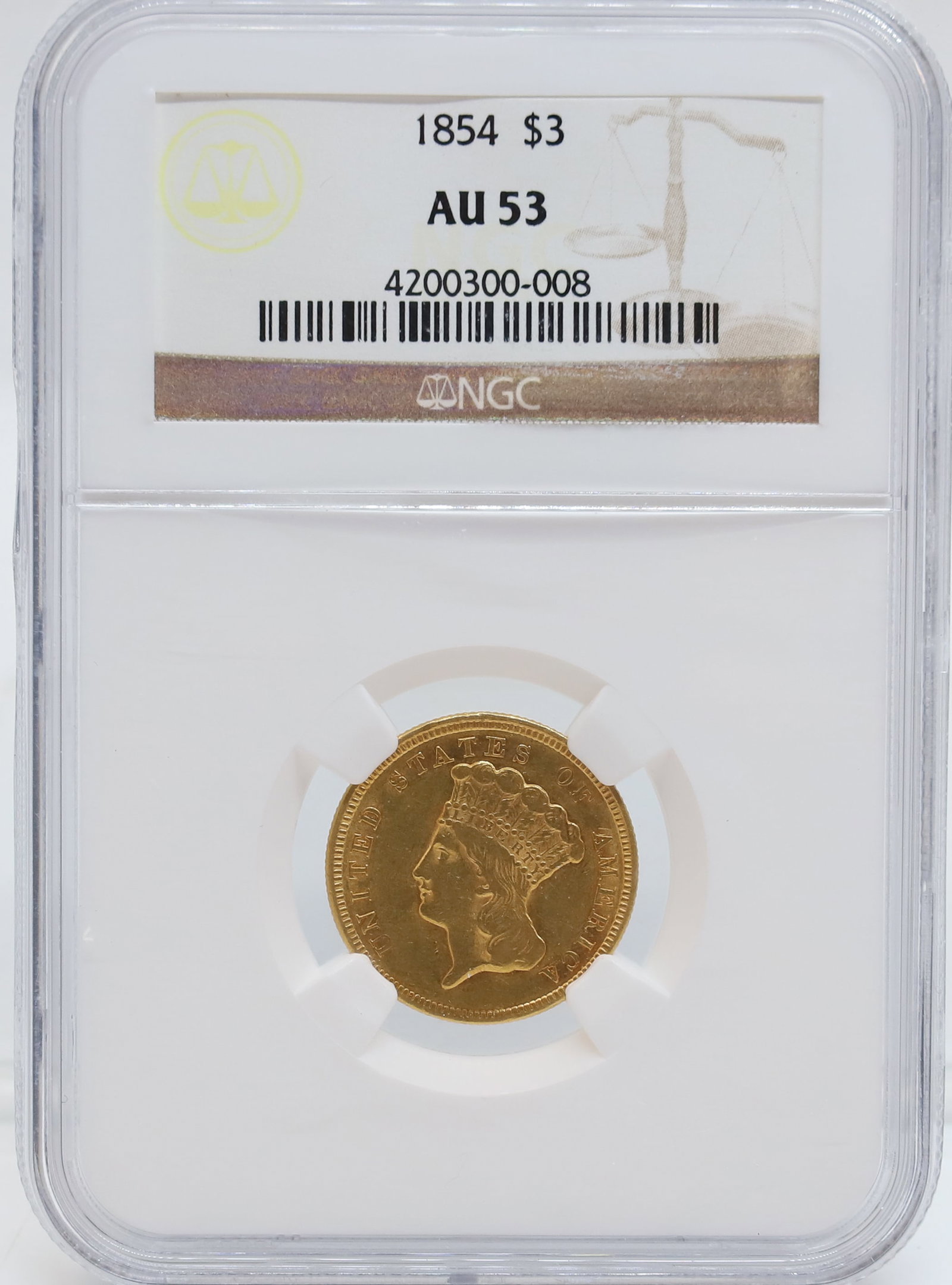 1854 U.S. $3.00 GOLD: NGC GRADED, AU 53 PLEASE READ CAREFULLY - PREVIEW FOR THIS AUCTION WILL BE THE DAY OF THE SALE FROM 9:00 AM TILL 1:00 PM AT THE START OF THE AUCTION - SINCE THIS IS A COIN SALE PLEASE NOTE. ITEMS MUST