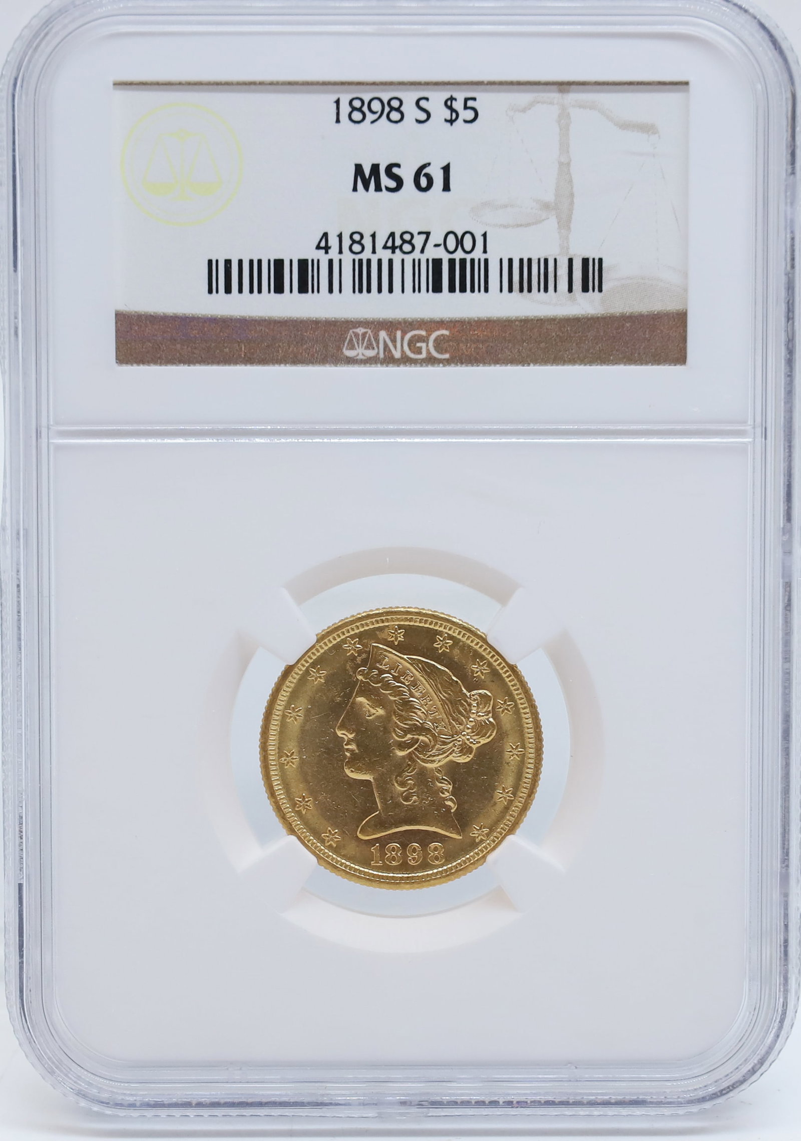1898 S U.S. $5.00 GOLD: NGC GRADED, MS 61 PLEASE READ CAREFULLY - PREVIEW FOR THIS AUCTION WILL BE THE DAY OF THE SALE FROM 9:00 AM TILL 1:00 PM AT THE START OF THE AUCTION - SINCE THIS IS A COIN SALE PLEASE NOTE. ITEMS MUST