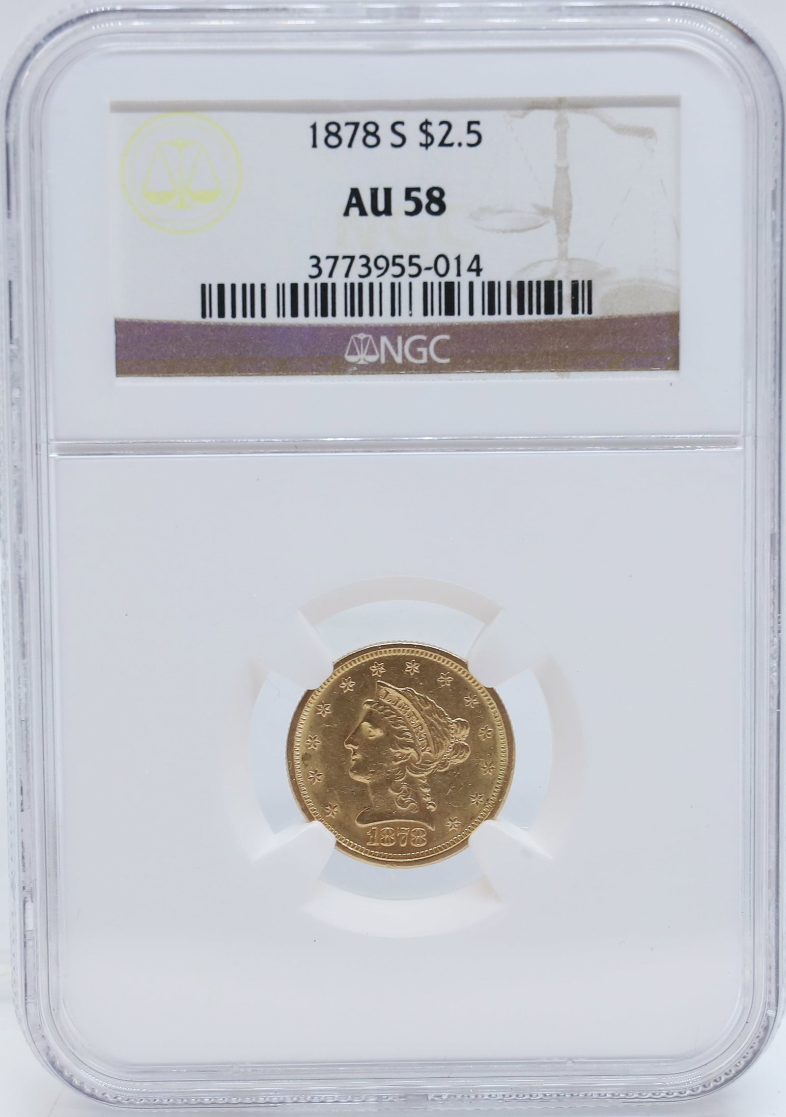1878 S U.S. $2.50 GOLD: NGC GRADED, AU 58 PLEASE READ CAREFULLY - PREVIEW FOR THIS AUCTION WILL BE THE DAY OF THE SALE FROM 9:00 AM TILL 1:00 PM AT THE START OF THE AUCTION - SINCE THIS IS A COIN SALE PLEASE NOTE. ITEMS MUST