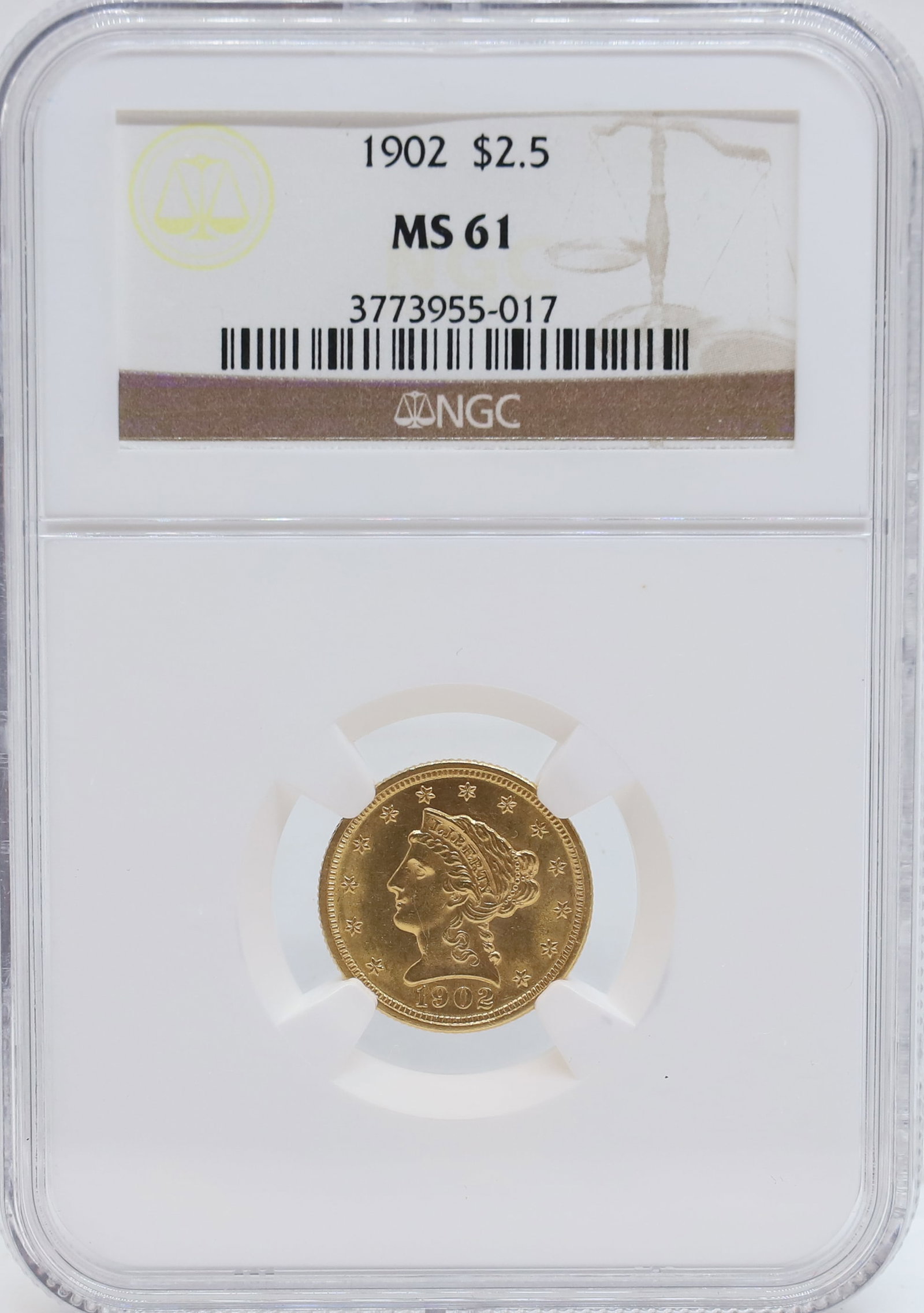 1902 U.S. $2.50 GOLD: NGC GRADED MS 61 PLEASE READ CAREFULLY - PREVIEW FOR THIS AUCTION WILL BE THE DAY OF THE SALE FROM 9:00 AM TILL 1:00 PM AT THE START OF THE AUCTION - SINCE THIS IS A COIN SALE PLEASE NOTE. ITEMS MUST 