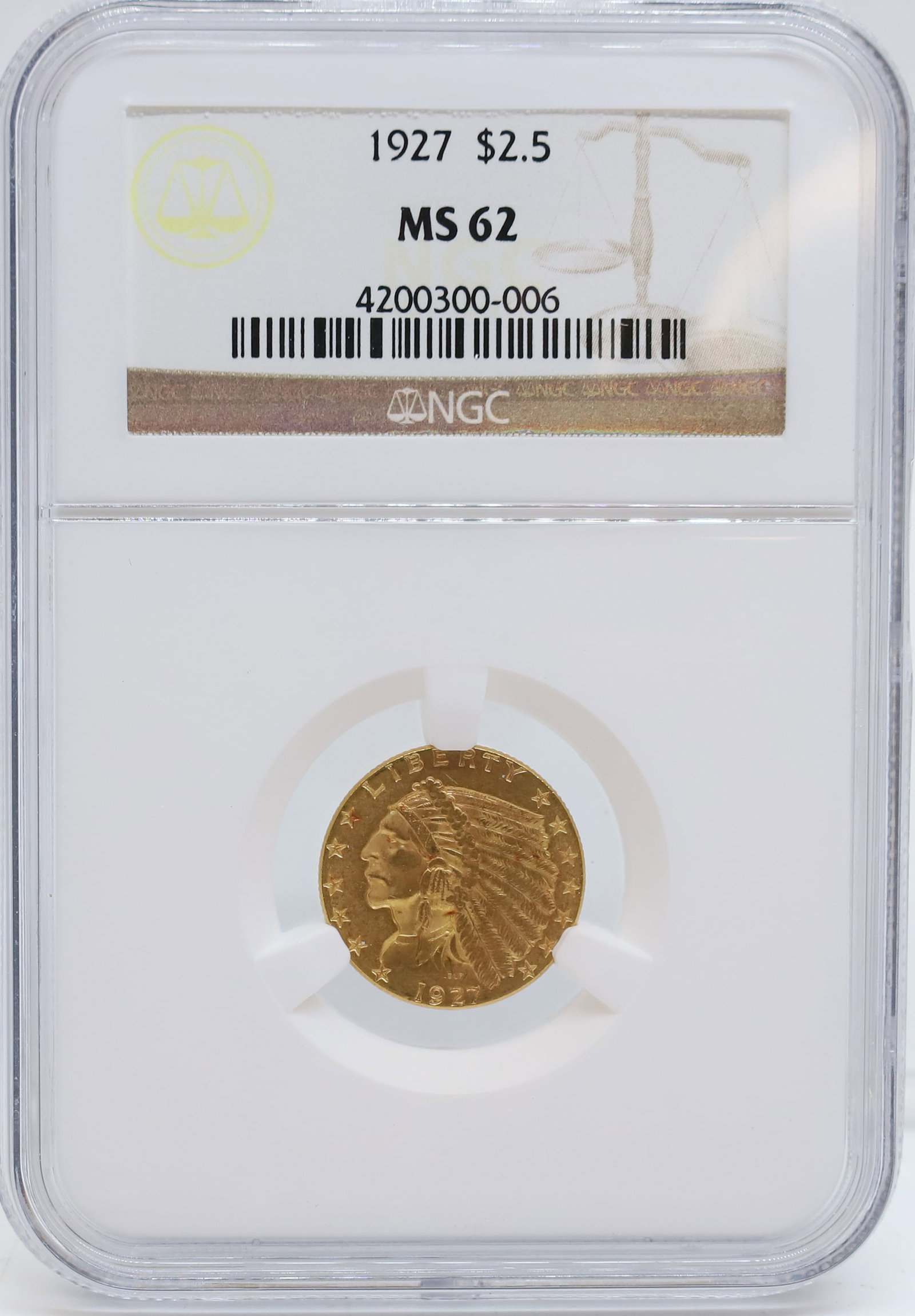 1927 U.S. $2.50 INDIAN HEAD GOLD: NGC GRADED, MS 62 PLEASE READ CAREFULLY - PREVIEW FOR THIS AUCTION WILL BE THE DAY OF THE SALE FROM 9:00 AM TILL 1:00 PM AT THE START OF THE AUCTION - SINCE THIS IS A COIN SALE PLEASE NOTE. ITEMS MUST