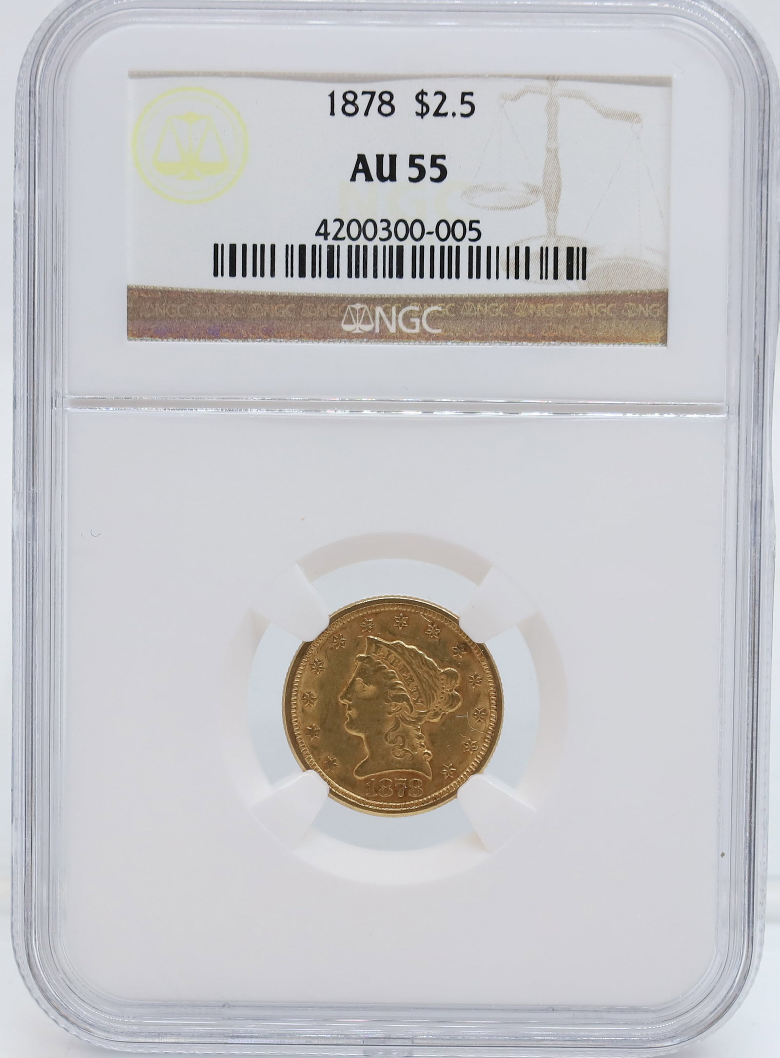 1878 U.S. $2.50 GOLD: NGC GRADED, AU 55 PLEASE READ CAREFULLY - PREVIEW FOR THIS AUCTION WILL BE THE DAY OF THE SALE FROM 9:00 AM TILL 1:00 PM AT THE START OF THE AUCTION - SINCE THIS IS A COIN SALE PLEASE NOTE. ITEMS MUST
