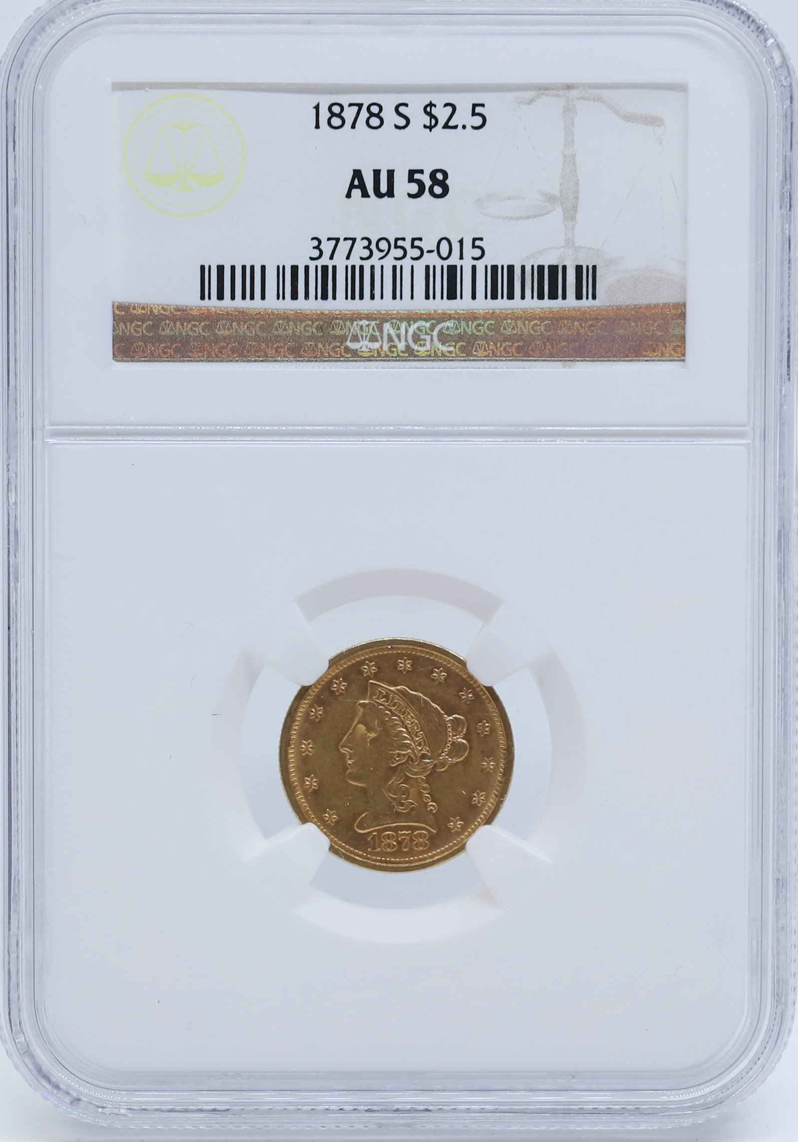 1878 S U.S. $2.50 GOLD: NGC GRADED, AU 58 PLEASE READ CAREFULLY - PREVIEW FOR THIS AUCTION WILL BE THE DAY OF THE SALE FROM 9:00 AM TILL 1:00 PM AT THE START OF THE AUCTION - SINCE THIS IS A COIN SALE PLEASE NOTE. ITEMS MUST
