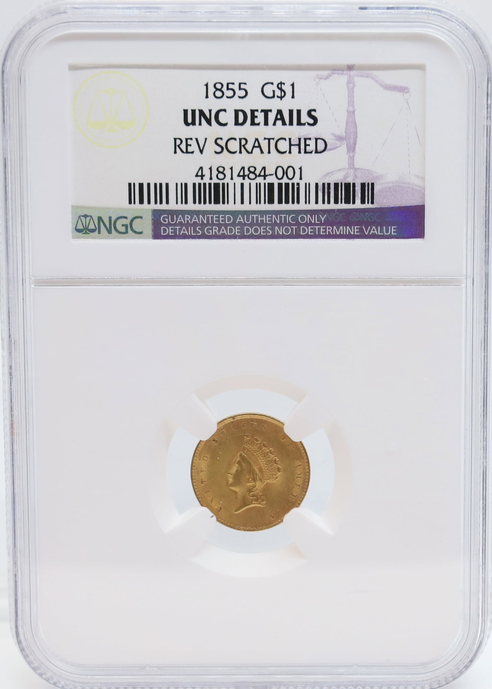 1855 GOLD $1.00: NGC GRADED, UNC DETAILS, REVERSE SCRATCHED PLEASE READ CAREFULLY - PREVIEW FOR THIS AUCTION WILL BE THE DAY OF THE SALE FROM 9:00 AM TILL 1:00 PM AT THE START OF THE AUCTION - SINCE THIS IS A COIN SAL