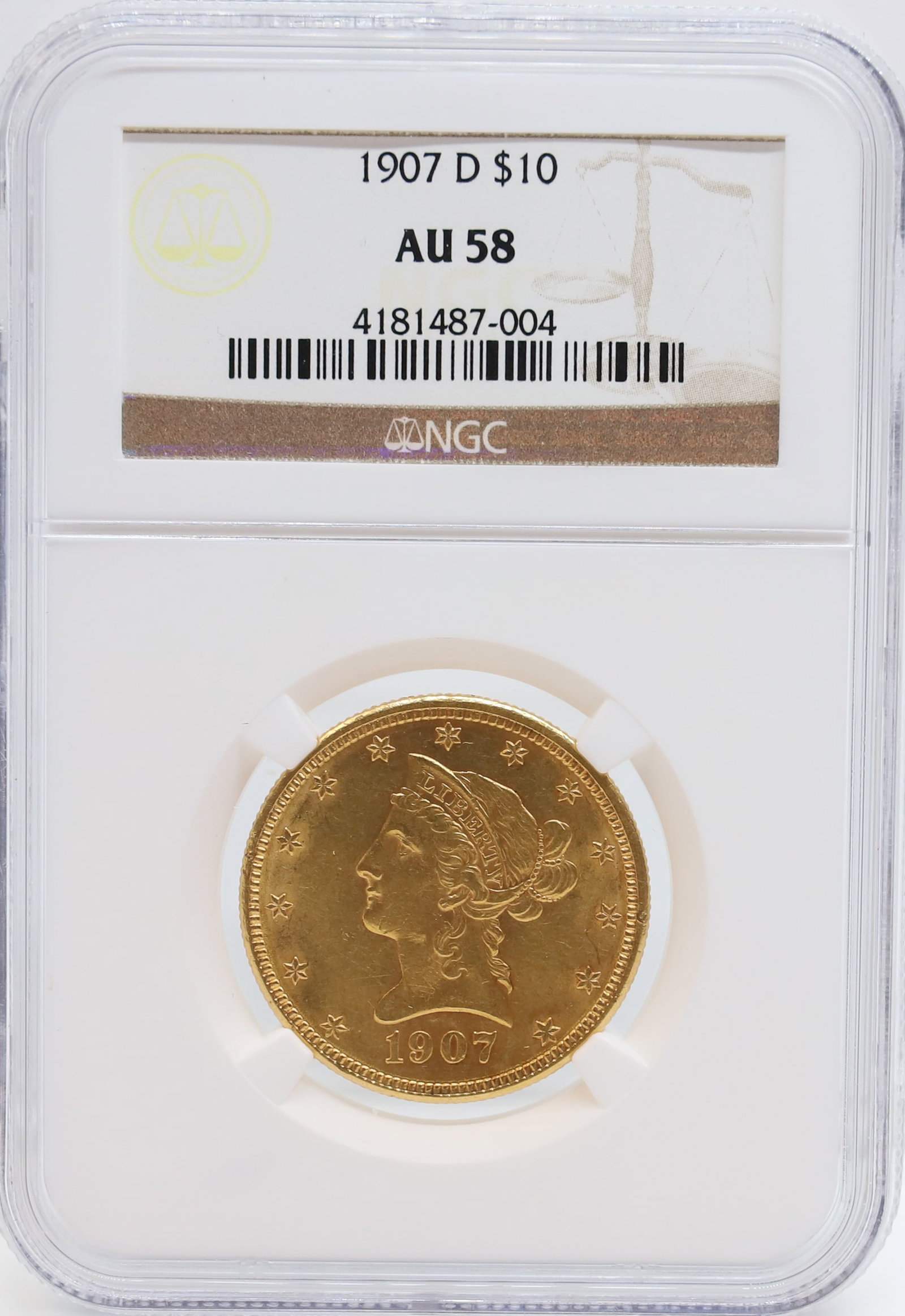 1907 D U.S. $10.00 GOLD: NGC GRADED, AU 58 PLEASE READ CAREFULLY - PREVIEW FOR THIS AUCTION WILL BE THE DAY OF THE SALE FROM 9:00 AM TILL 1:00 PM AT THE START OF THE AUCTION - SINCE THIS IS A COIN SALE PLEASE NOTE. ITEMS MUST