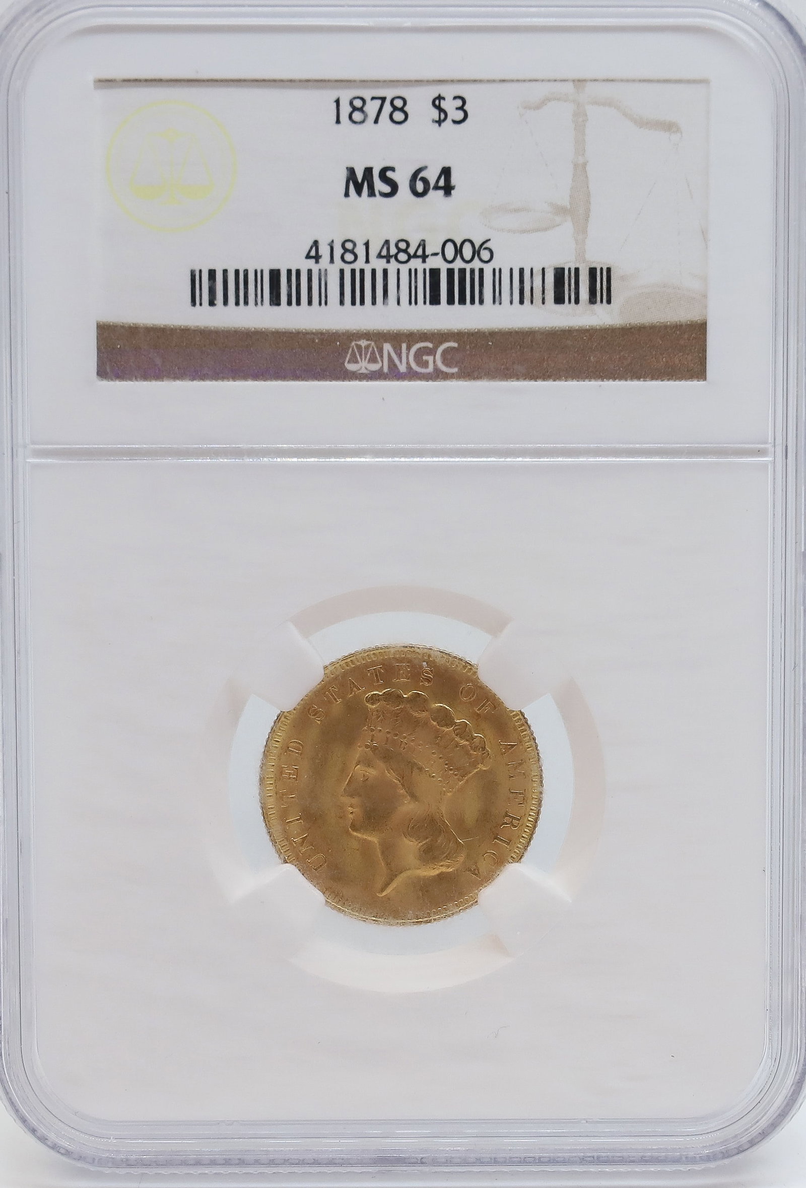 1878 U.S. $3.00 GOLD: NGC GRADED, MS 64 PLEASE READ CAREFULLY - PREVIEW FOR THIS AUCTION WILL BE THE DAY OF THE SALE FROM 9:00 AM TILL 1:00 PM AT THE START OF THE AUCTION - SINCE THIS IS A COIN SALE PLEASE NOTE. ITEMS MUST