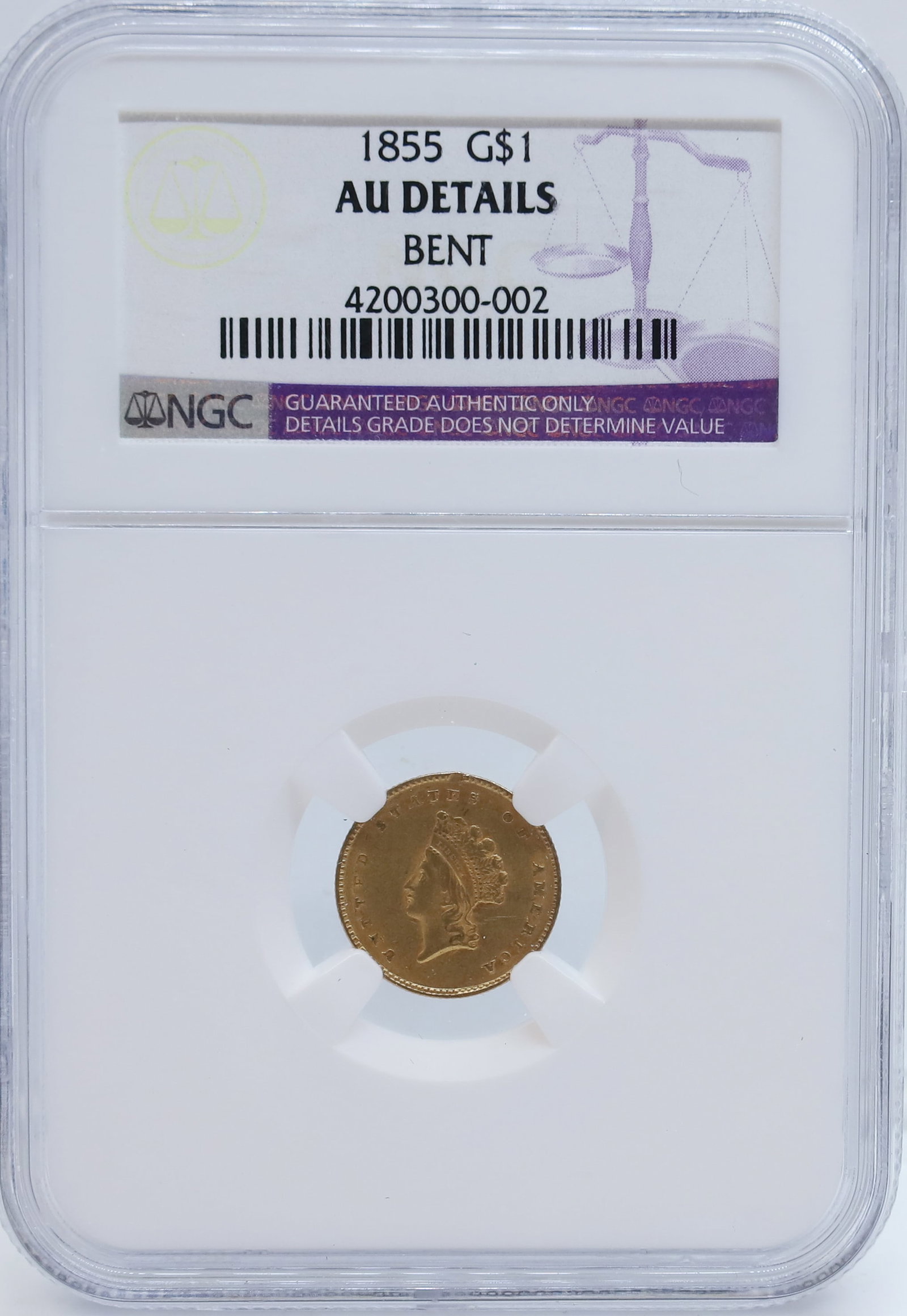 1855 U.S. $1.00 GOLD: NGC GRADED, AU DETAILS, BENT PLEASE READ CAREFULLY - PREVIEW FOR THIS AUCTION WILL BE THE DAY OF THE SALE FROM 9:00 AM TILL 1:00 PM AT THE START OF THE AUCTION - SINCE THIS IS A COIN SALE PLEASE NOTE.