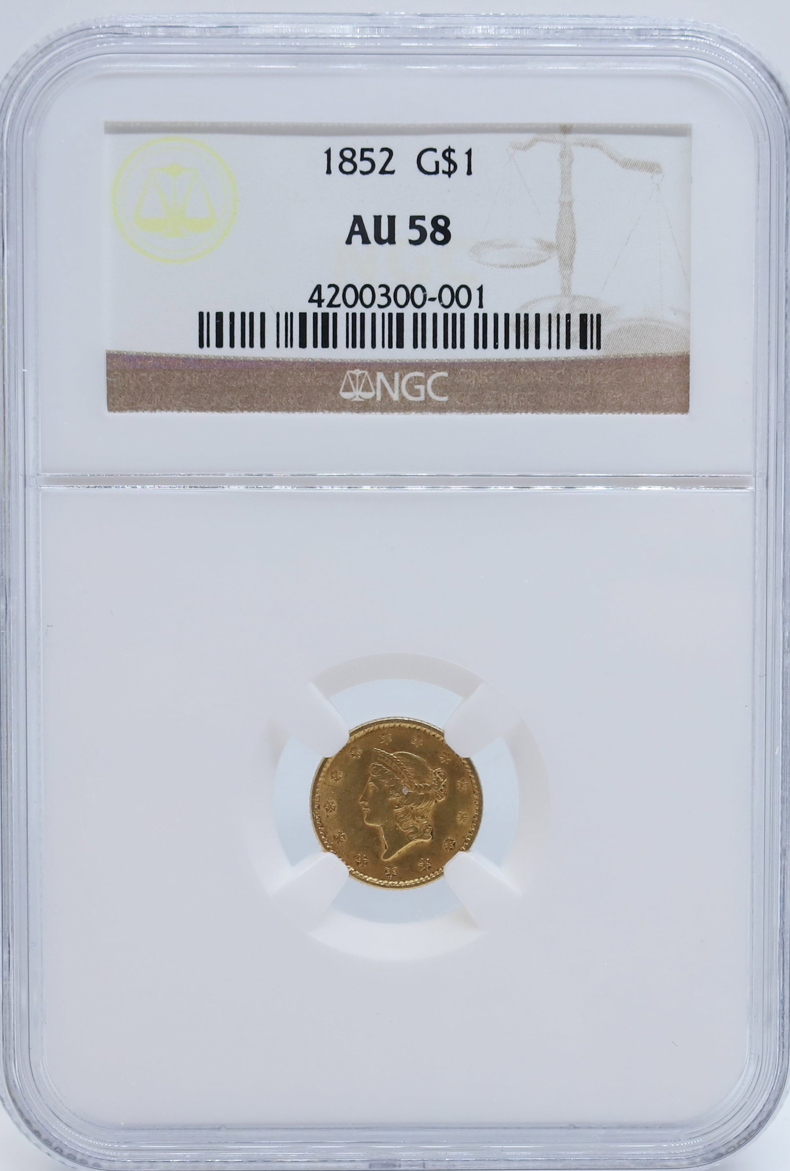 1852 U.S. $1.00 GOLD: NGC GRADED, AU 58 PLEASE READ CAREFULLY - PREVIEW FOR THIS AUCTION WILL BE THE DAY OF THE SALE FROM 9:00 AM TILL 1:00 PM AT THE START OF THE AUCTION - SINCE THIS IS A COIN SALE PLEASE NOTE. ITEMS MUST