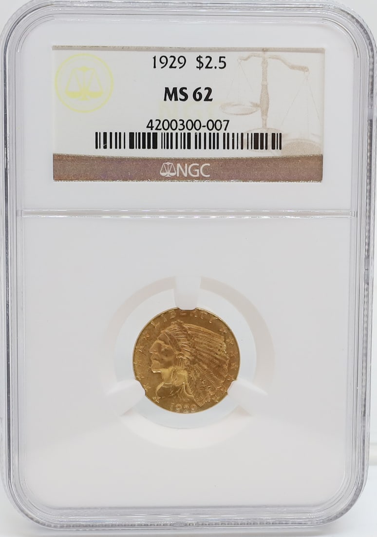 1929 U.S. $2.50 GOLD: NGC GRADED, MS 62 PLEASE READ CAREFULLY - PREVIEW FOR THIS AUCTION WILL BE THE DAY OF THE SALE FROM 9:00 AM TILL 1:00 PM AT THE START OF THE AUCTION - SINCE THIS IS A COIN SALE PLEASE NOTE. ITEMS MUST