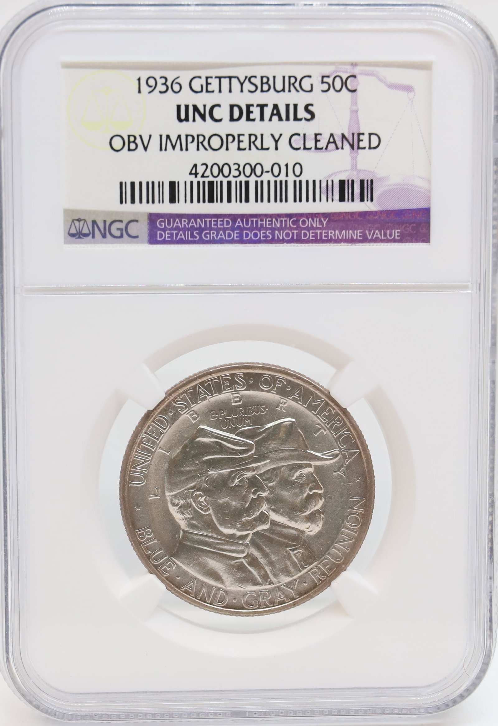 1936 GETTYSBURG HALF DOLLAR: NGC GRADED, UNC DETAILS, OBV IMPROPERLY CLEANED PLEASE READ CAREFULLY - PREVIEW FOR THIS AUCTION WILL BE THE DAY OF THE SALE FROM 9:00 AM TILL 1:00 PM AT THE START OF THE AUCTION - SINCE THIS IS A